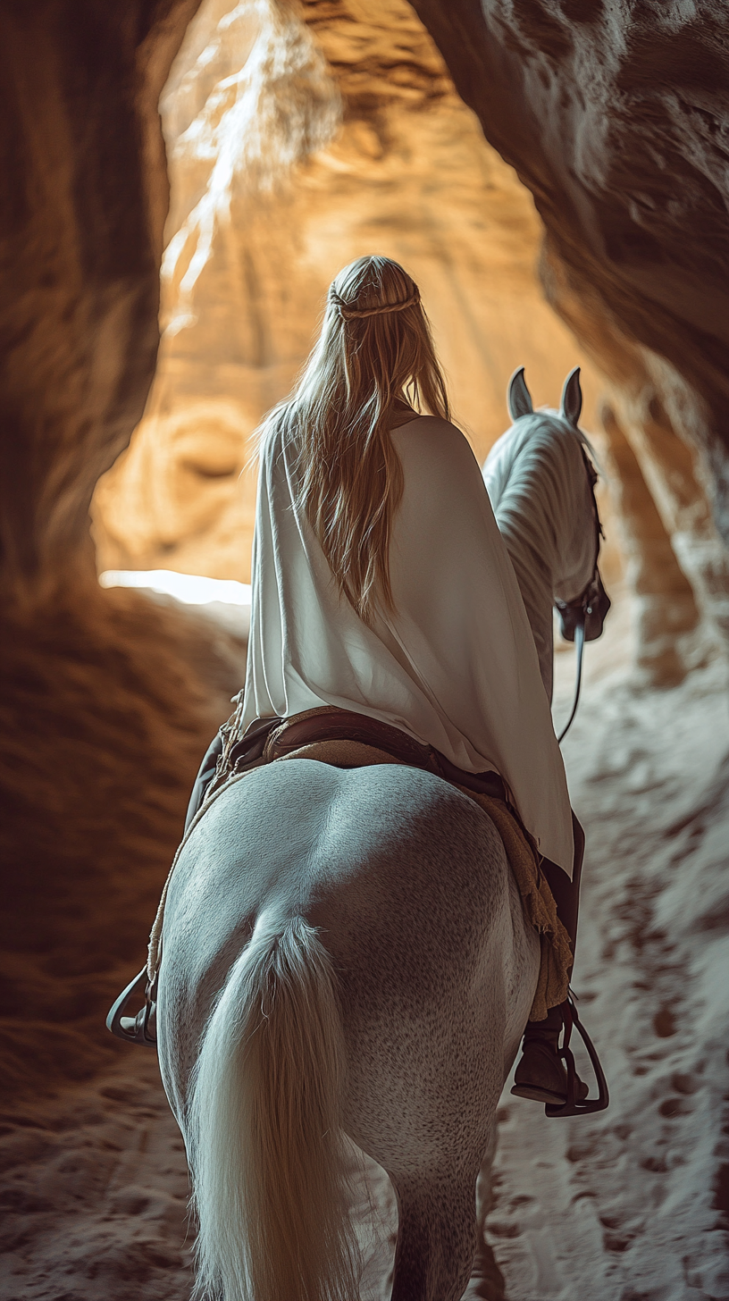 Rock caverns, horse, female rider in ancient clothes, sunlight.