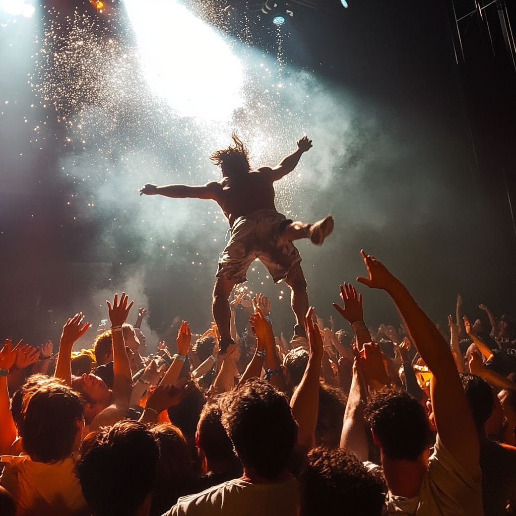 Rock concert candid photos, people cheering, moshpit, crowd surfing.