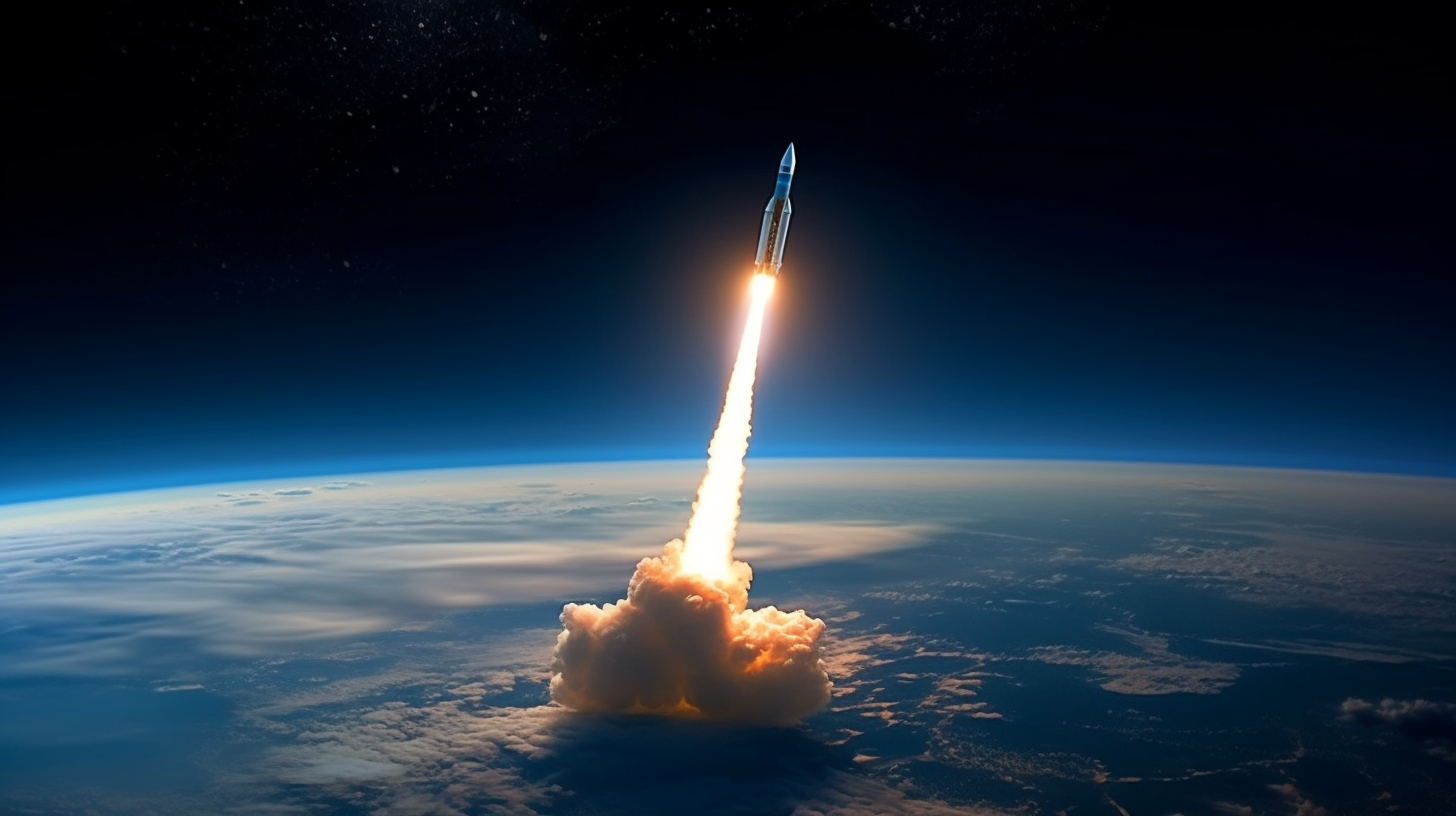 Rocket blasts through earth's atmosphere into space.