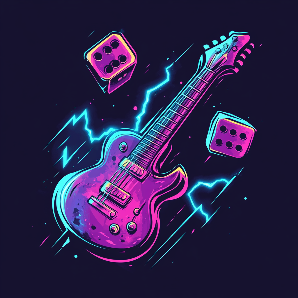 Rockstar logo with rolling dices, electric guitar and lightning.