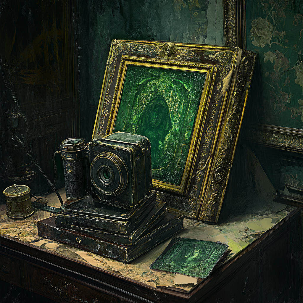 Roleplaying adventure cover for candela obscura game: Victorian mystery, horror with post mortem camera.