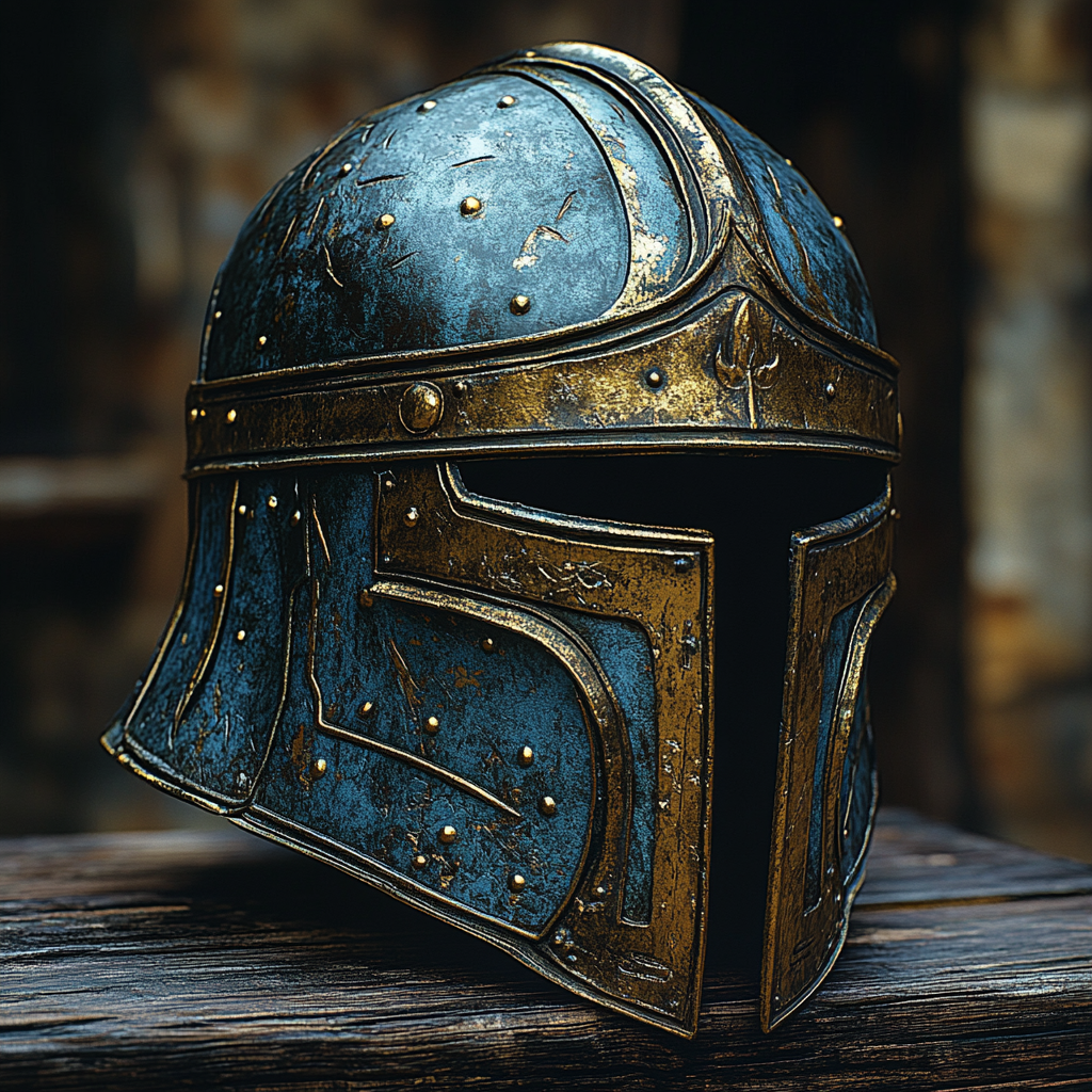 Roman Legionnaire Helmet on Wooden Table in High Quality