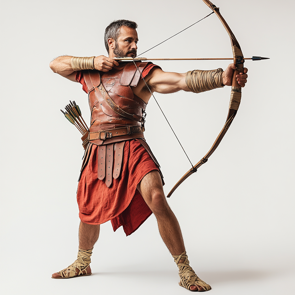 Roman archer in red tunic with bow and quiver.