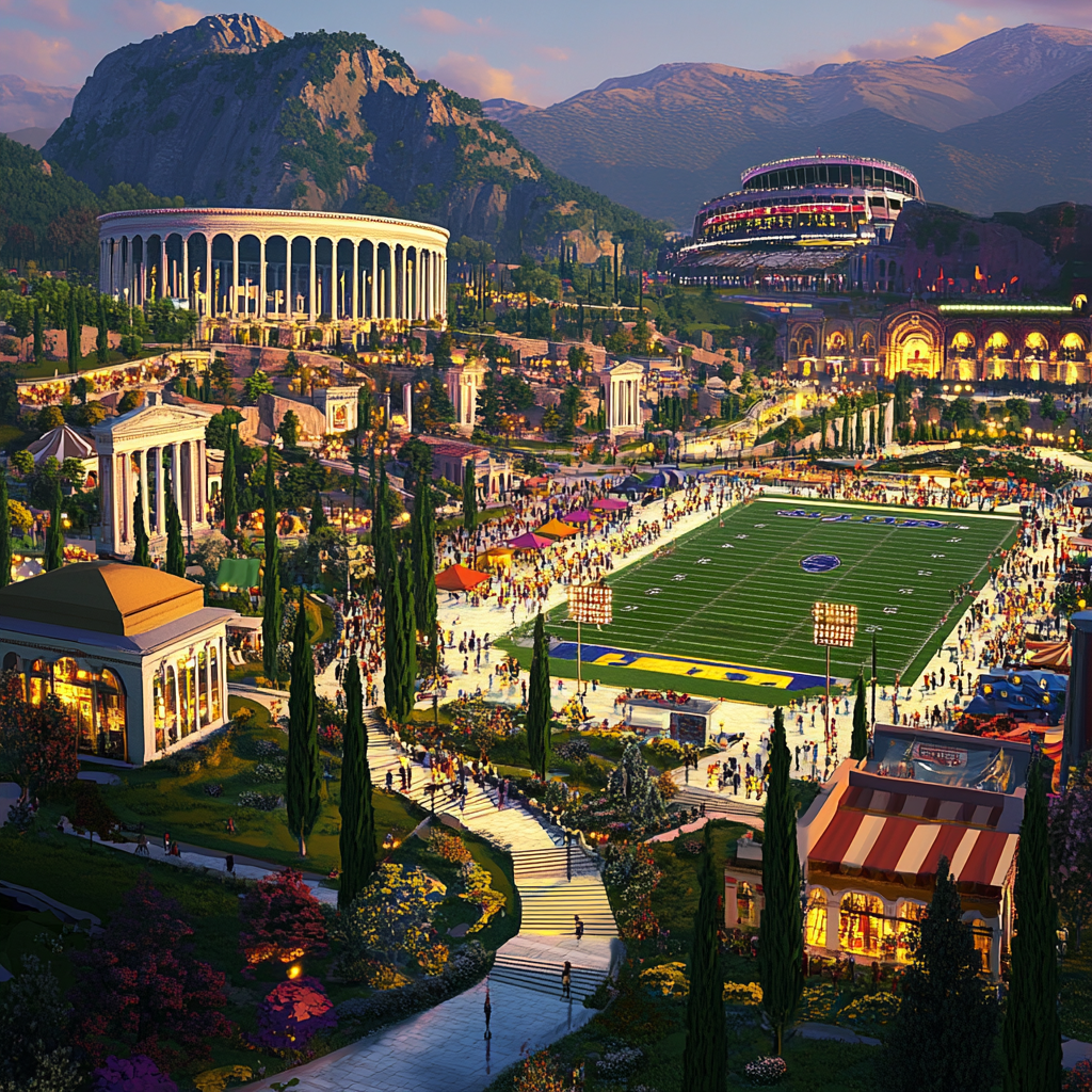 Roman festival with modern materials, no stairs, colorful tents.
