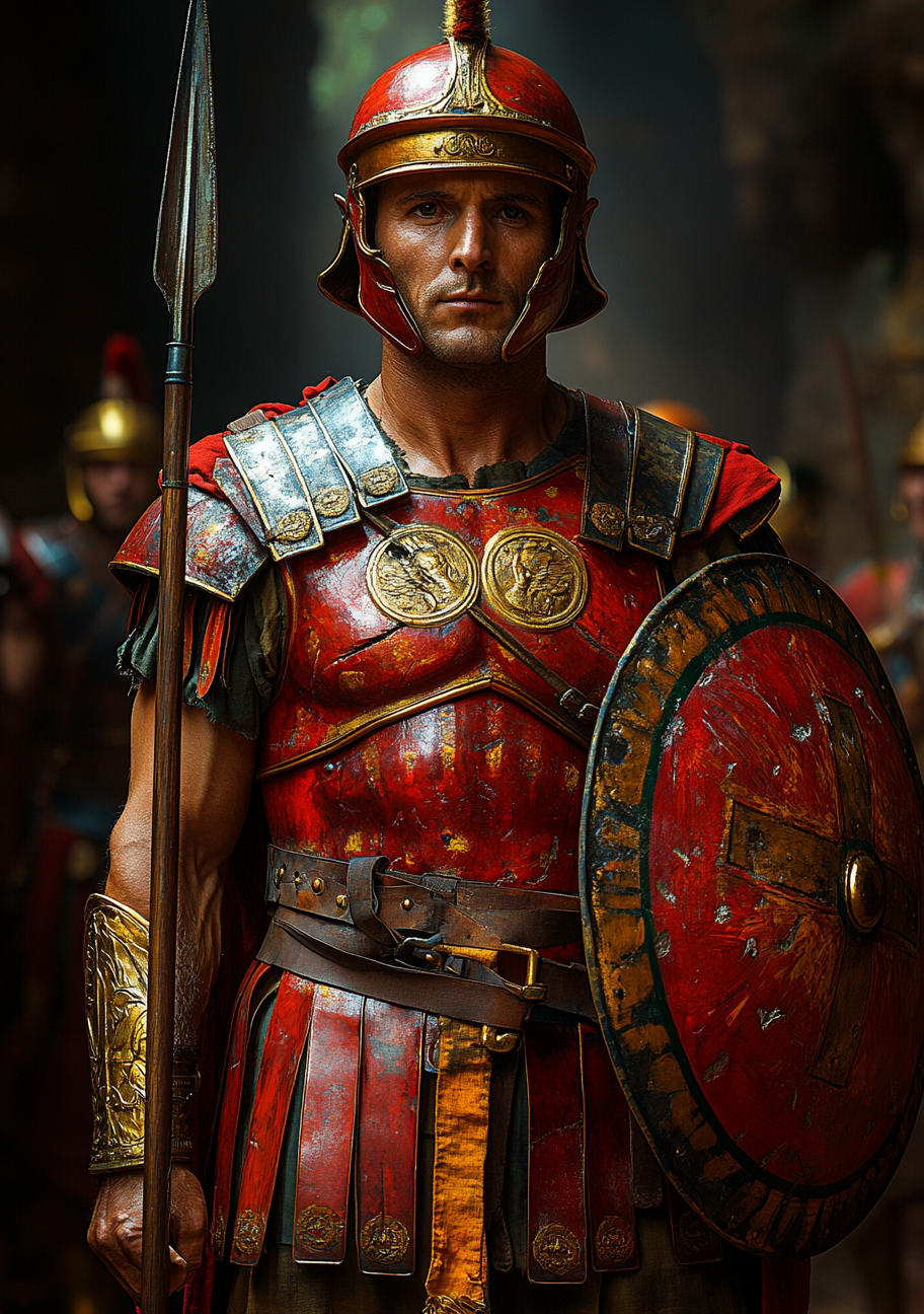 Roman soldier in red armor, holding a spear.