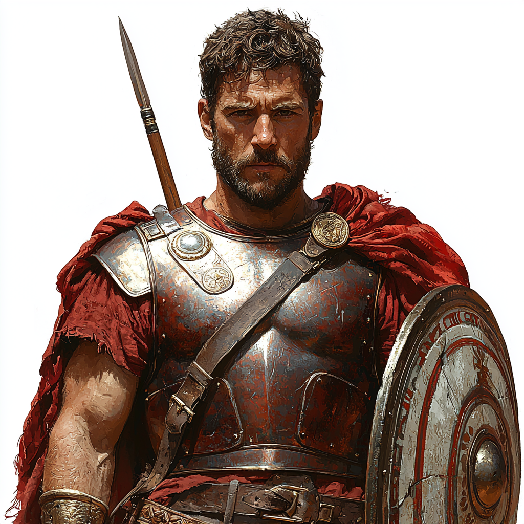 Roman soldier in red armor, holding shield and spear.