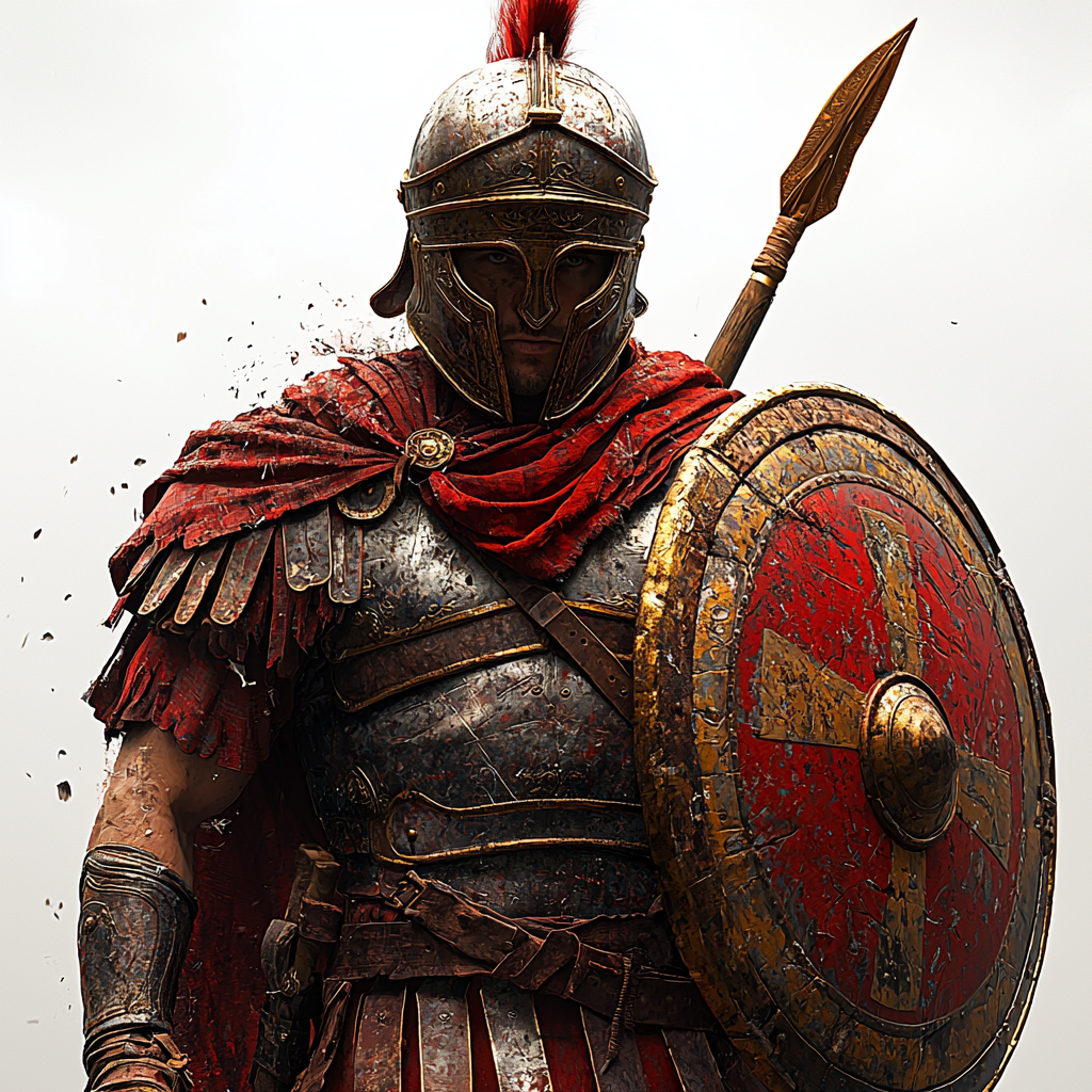 Roman soldier in red armor with shield and spear.