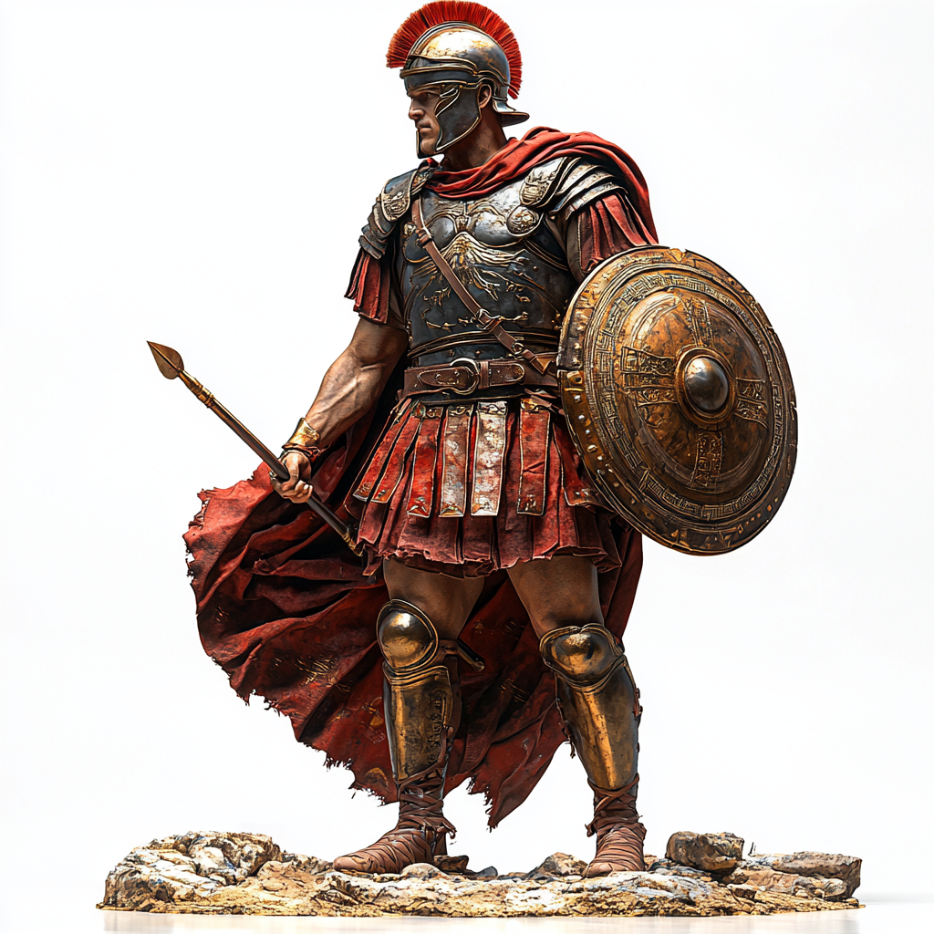 Roman soldier in red tunic holds shield and javelin.