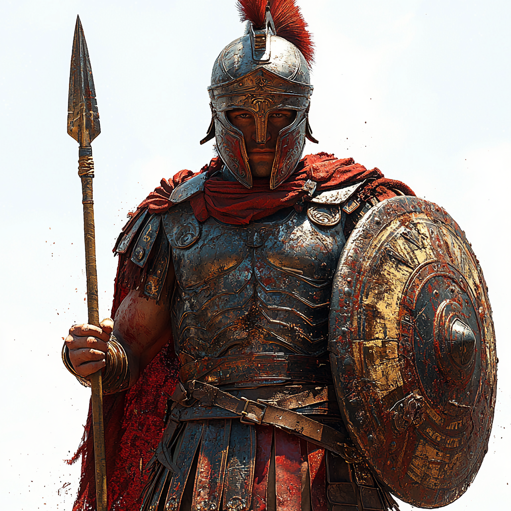 Roman soldier with shield and spear in armor pose