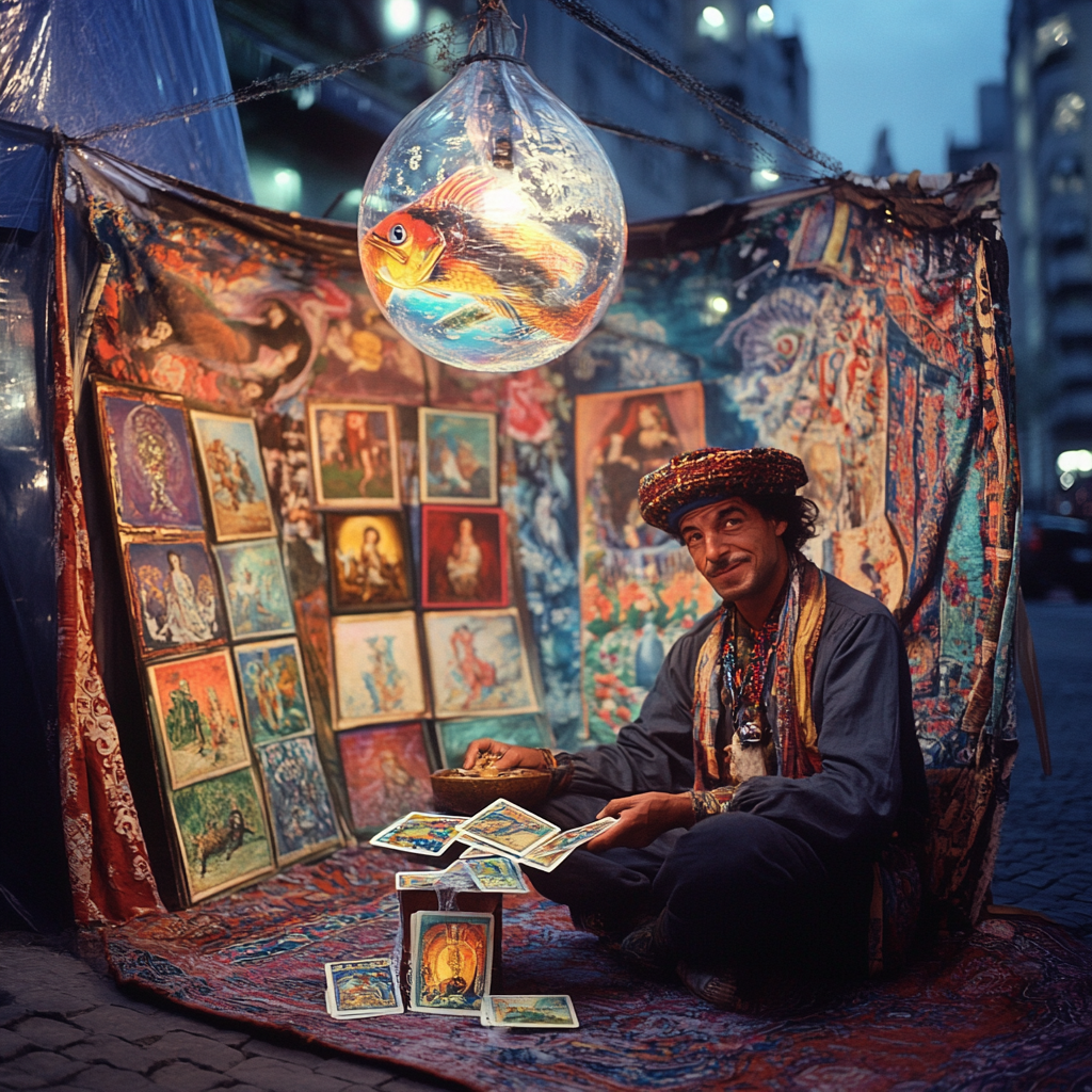 Romani fortune teller in surreal tent with floating art.