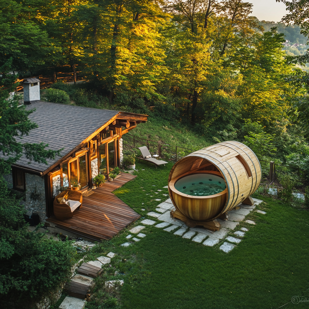 Romanian cottage house with barrel jacuzzi in modern backyard. 