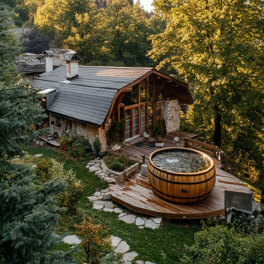 Romanian cottage village house with wooden barrel jacuzzi