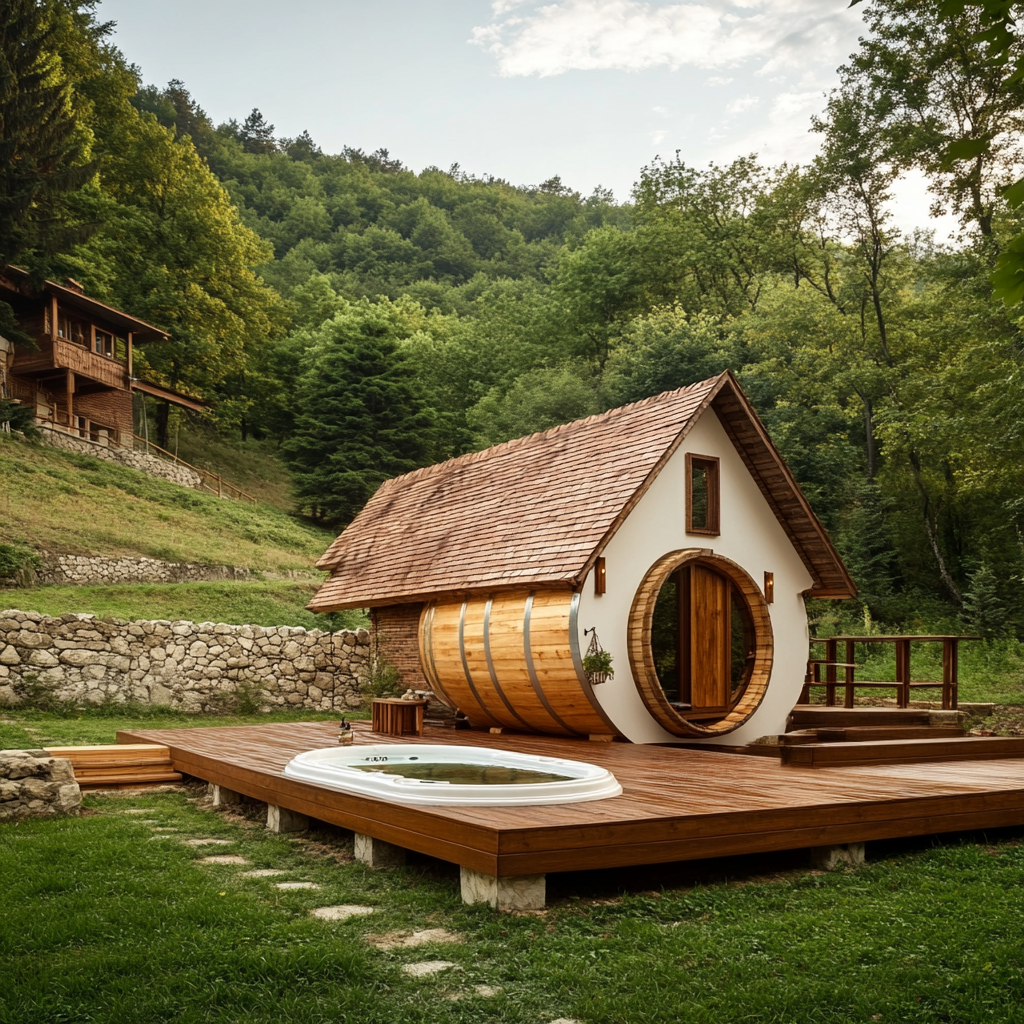 Romanian cottage with barrel jacuzzi in lush backyard - stock photo