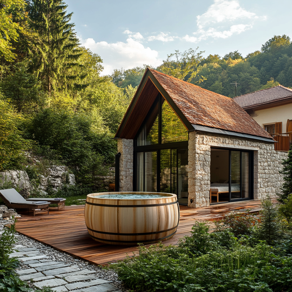 Romanian cottage with wooden barrel jacuzzi in backyard