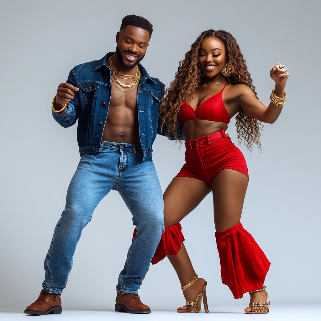 Romantic African American couple dancing in blue and red