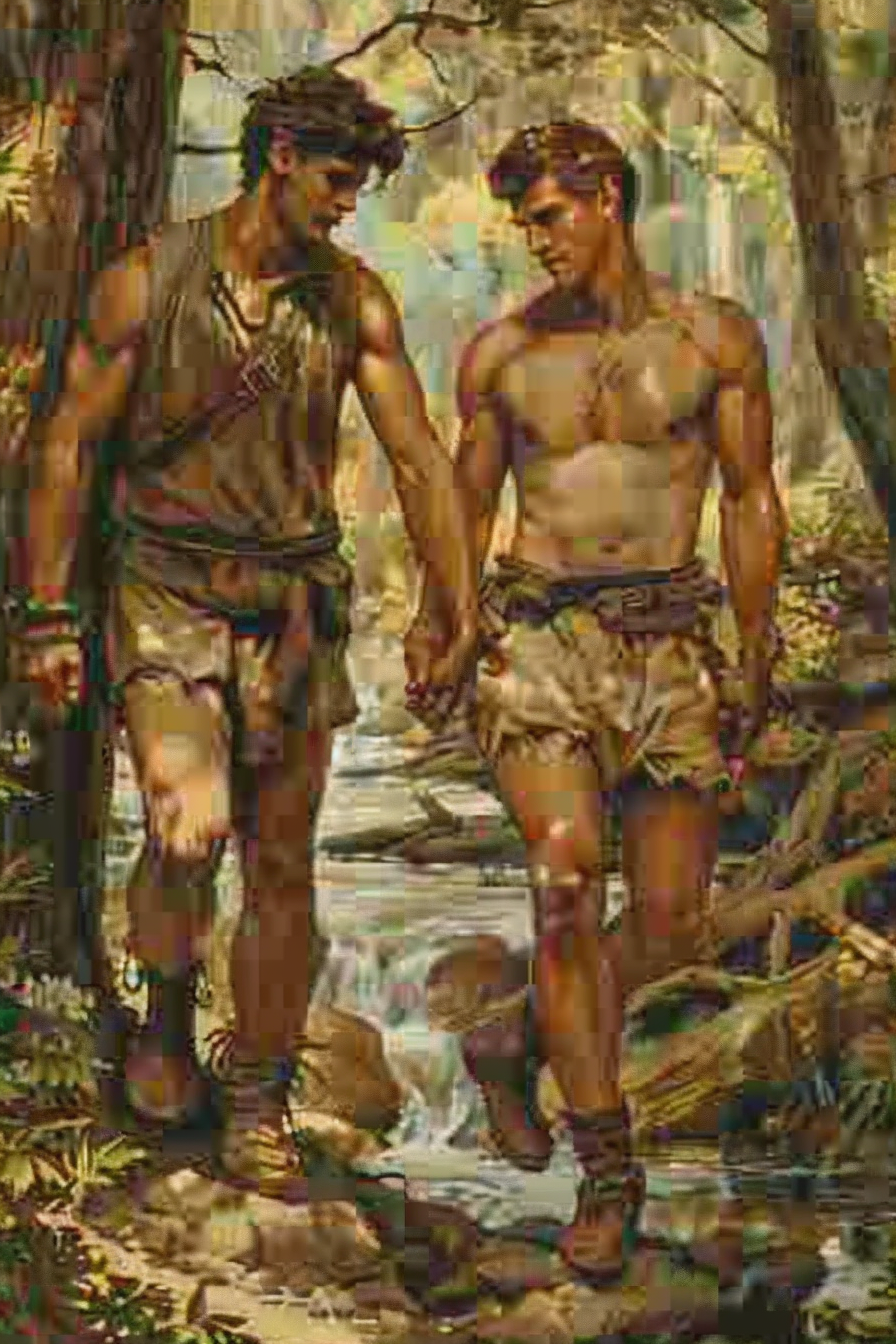 Romantic Forest Stroll with Handsome Men Walking Together