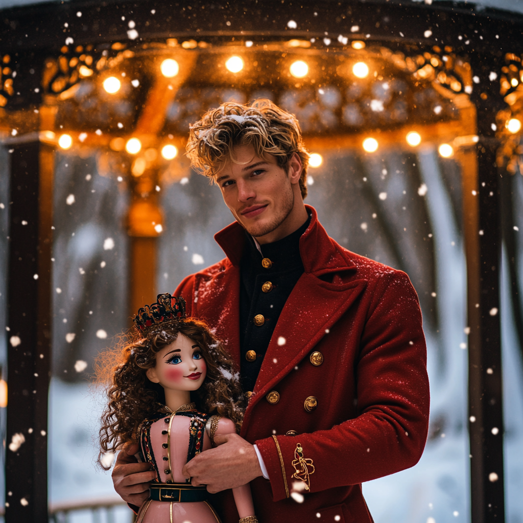 Romantic Man Holds Nutcracker by Snowy Gazebo