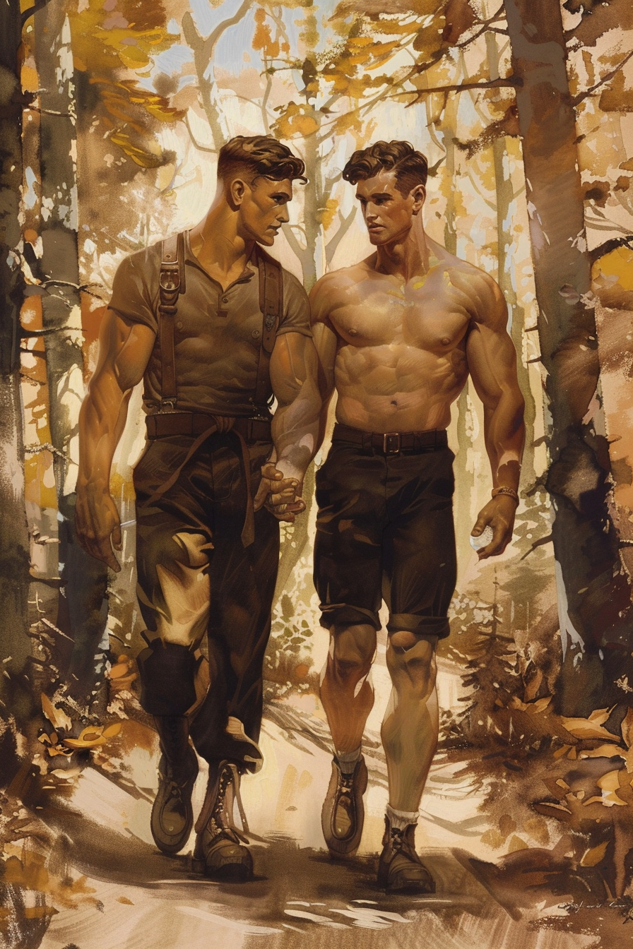 Romantic Men Walking in Forest Blend Frazetta & Leyendecker