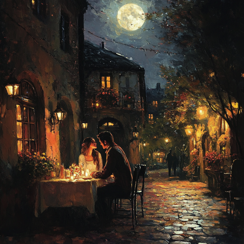Romantic album cover: candlelit dinner, moonlit walk, heartfelt letter. Rich warm colors, cozy atmosphere.