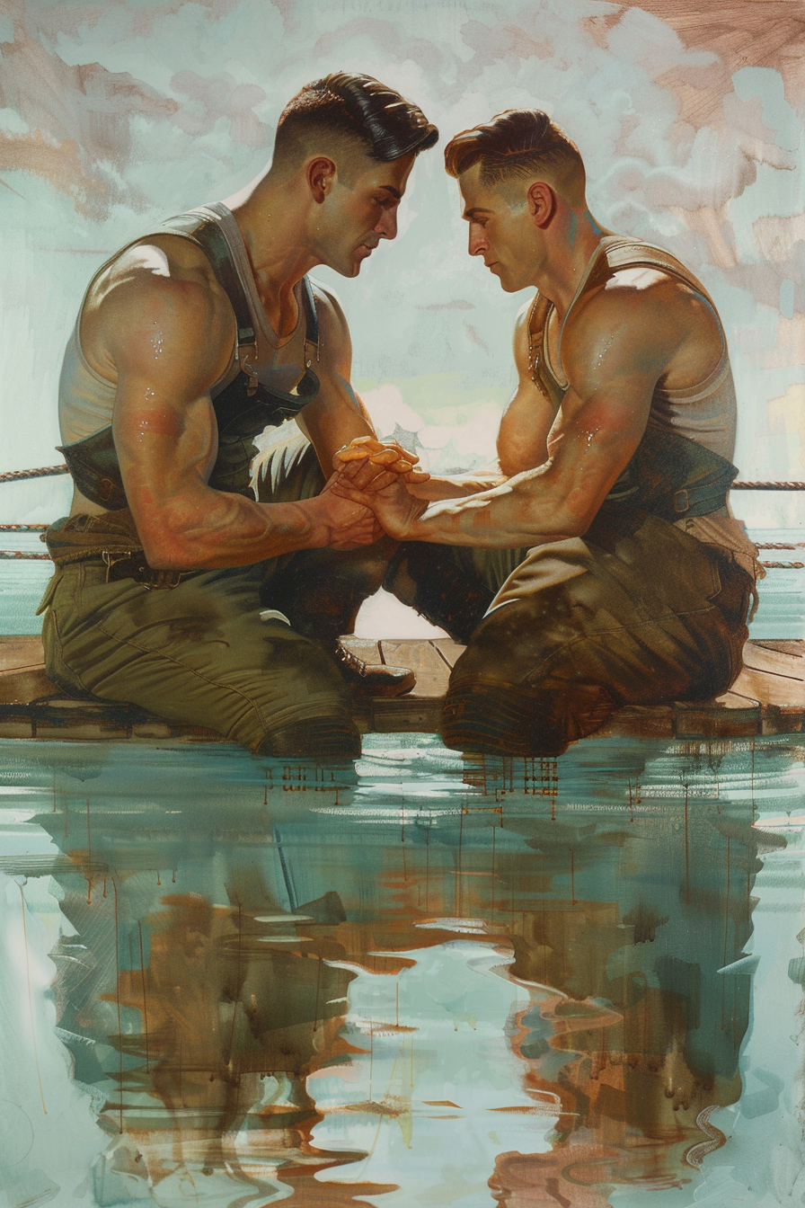 Romantic and Strong Men Embracing on Dock