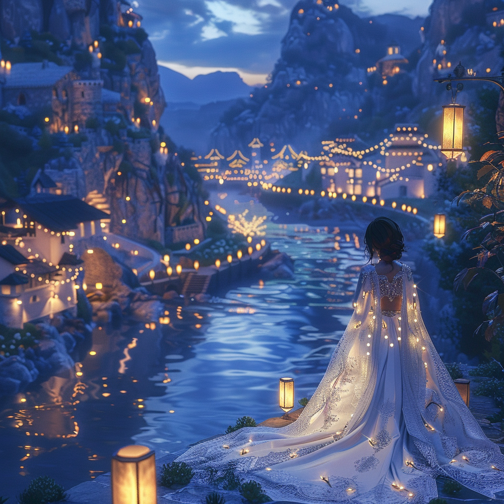 Romantic anime scene with bride in Moroccan dress.