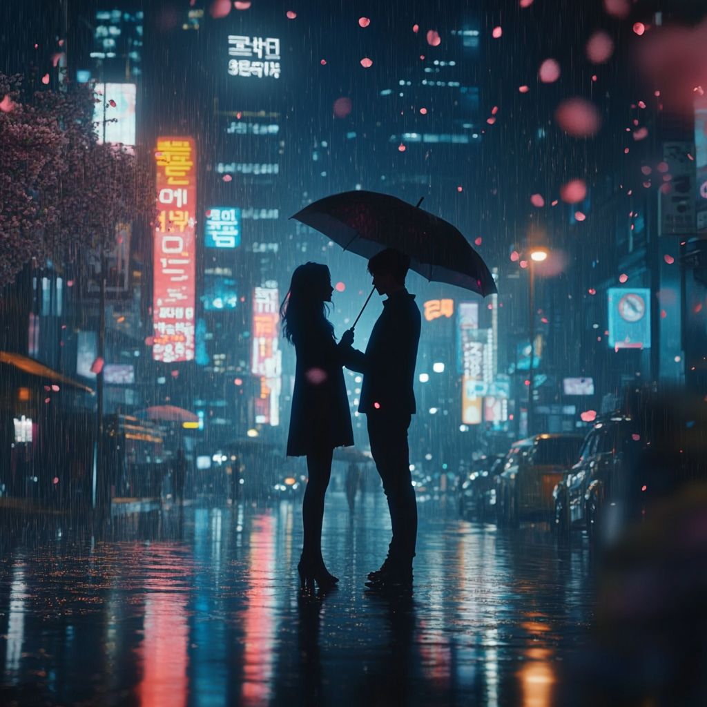 Romantic couple under streetlights in rain with umbrellas.