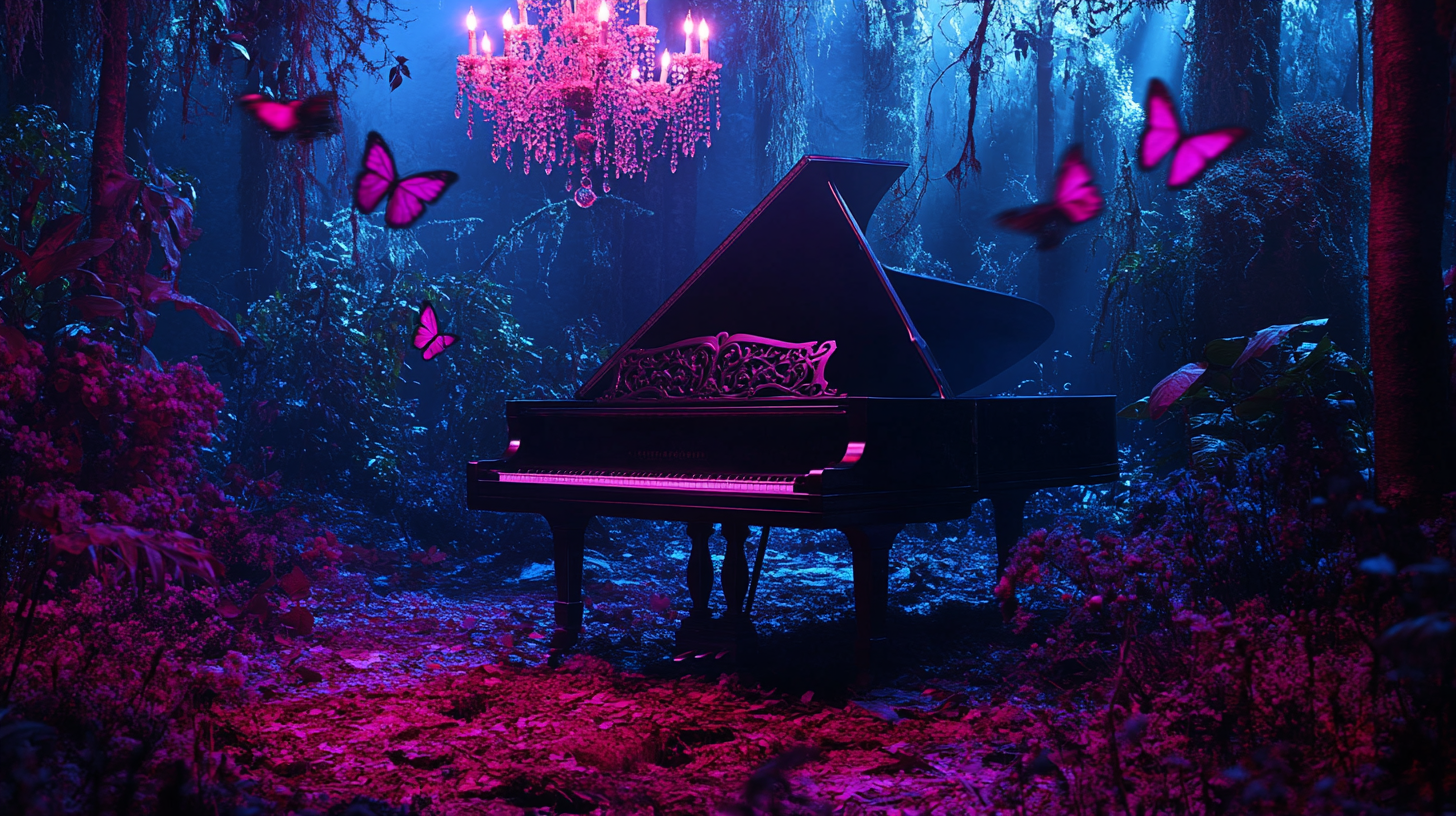 Romantic forest night scene with piano and butterflies.