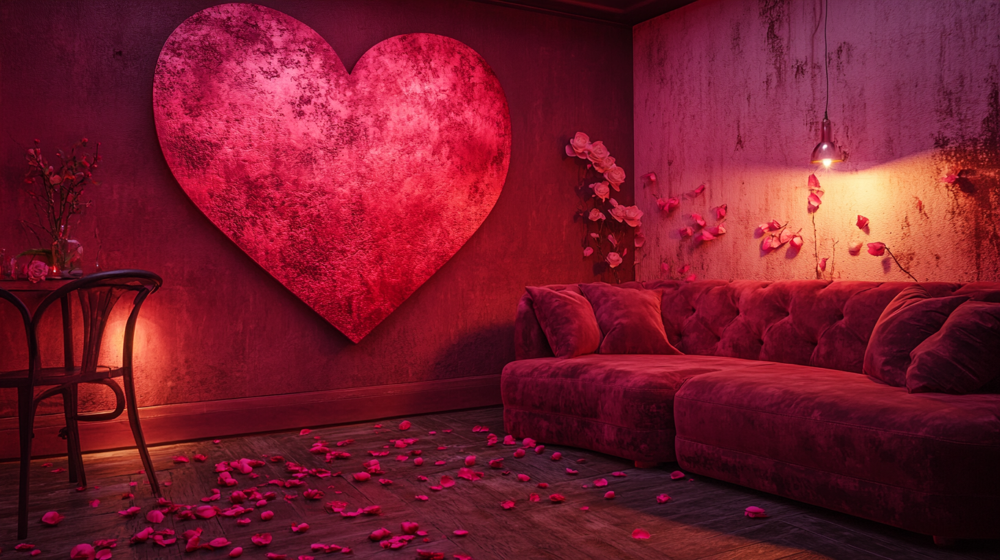 Romantic pink and red room with heart and flowers.