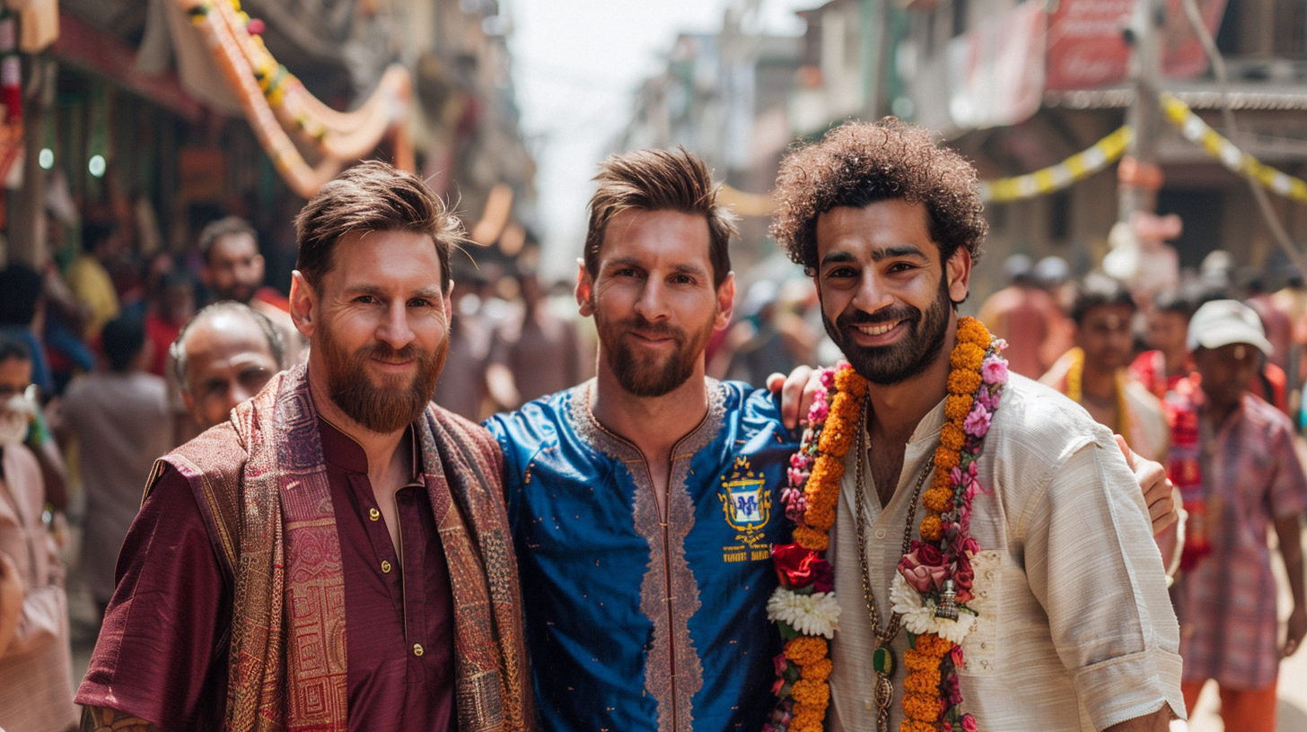 Ronaldo, Messi, Neymar in Indian attire at festival. Grazing Ganesh.