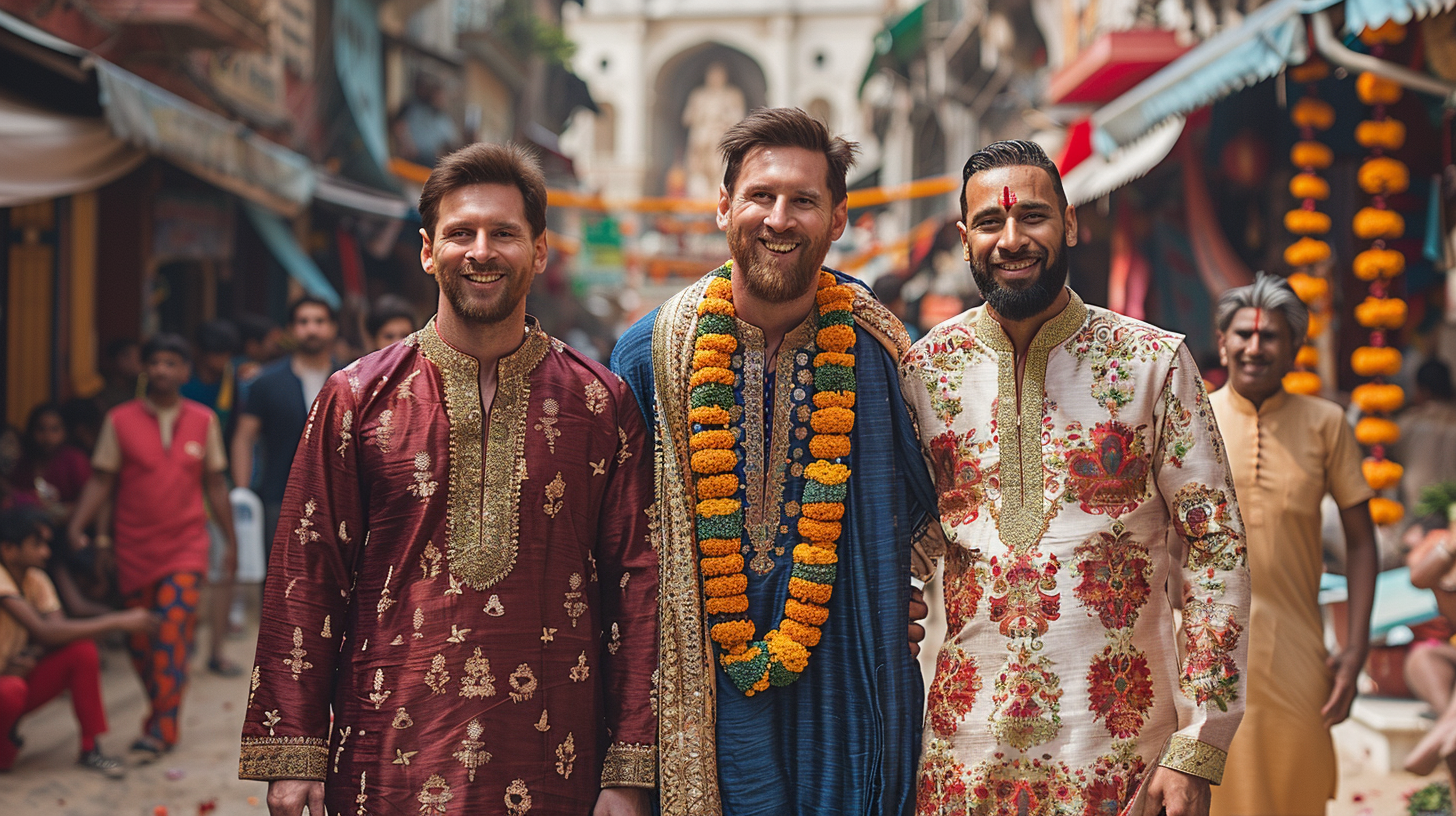 Ronaldo, Messi, Neymar in traditional Indian outfits, smiling joyfully.