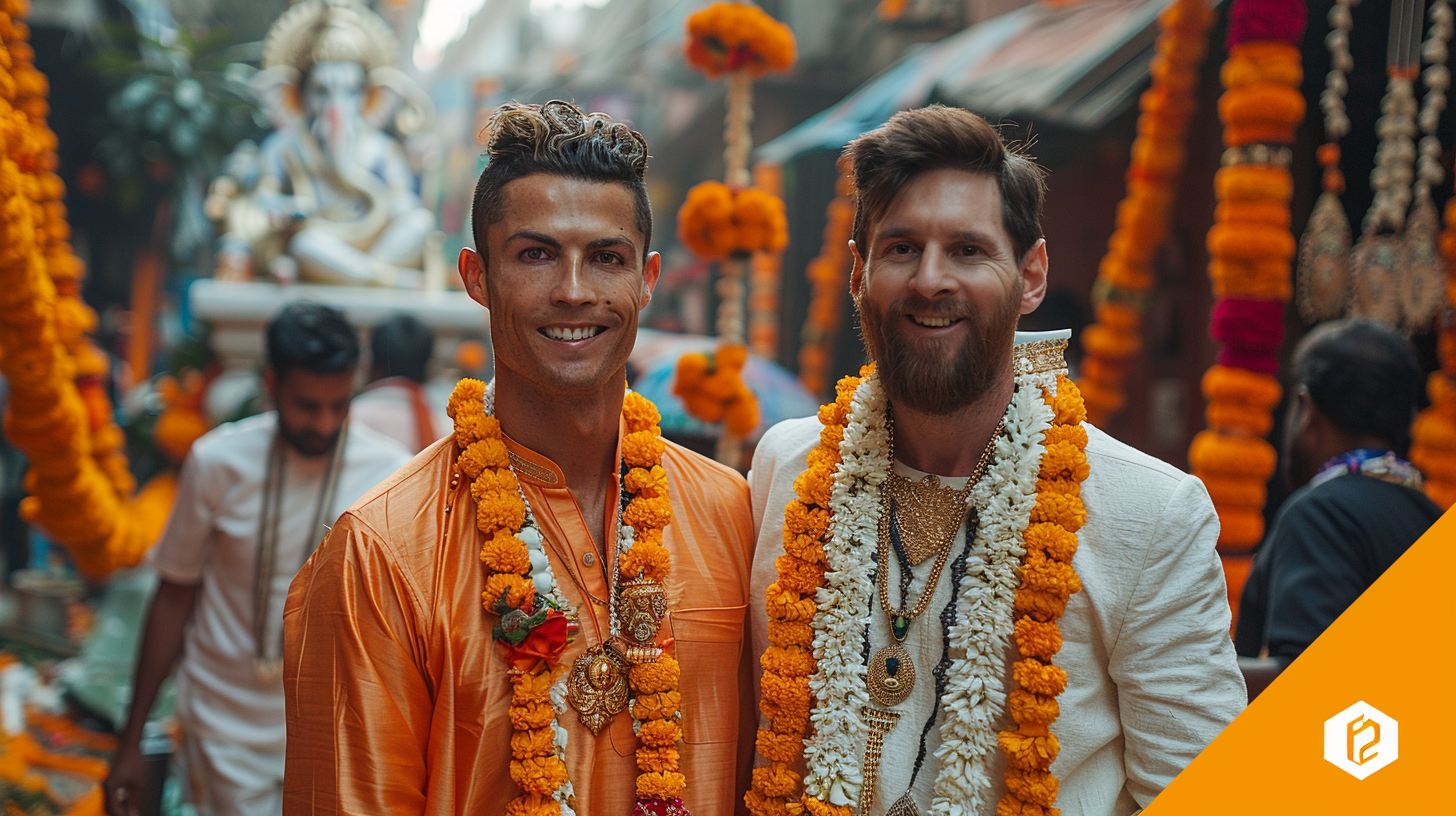 Ronaldo and Messi smiling, celebrating Ganesh Chaturthi in India.