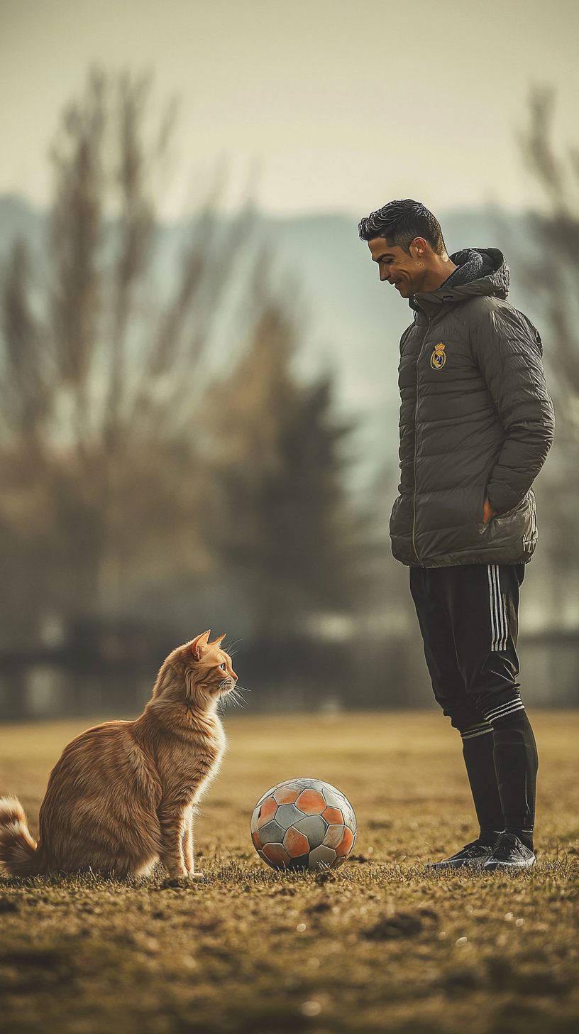 Ronaldo trains with cat in Real Madrid gear.