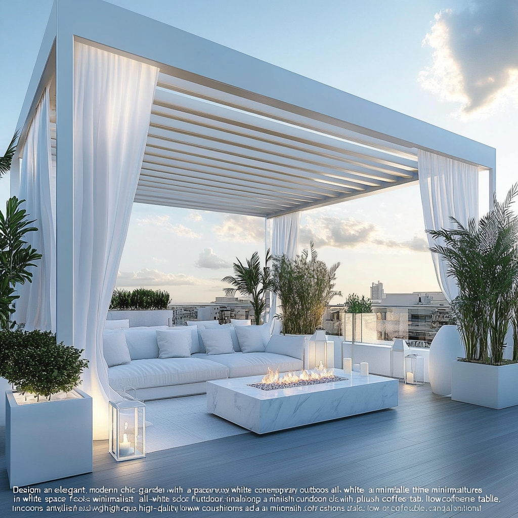 Roof garden with white furniture, sleek accessories, luxury accents.