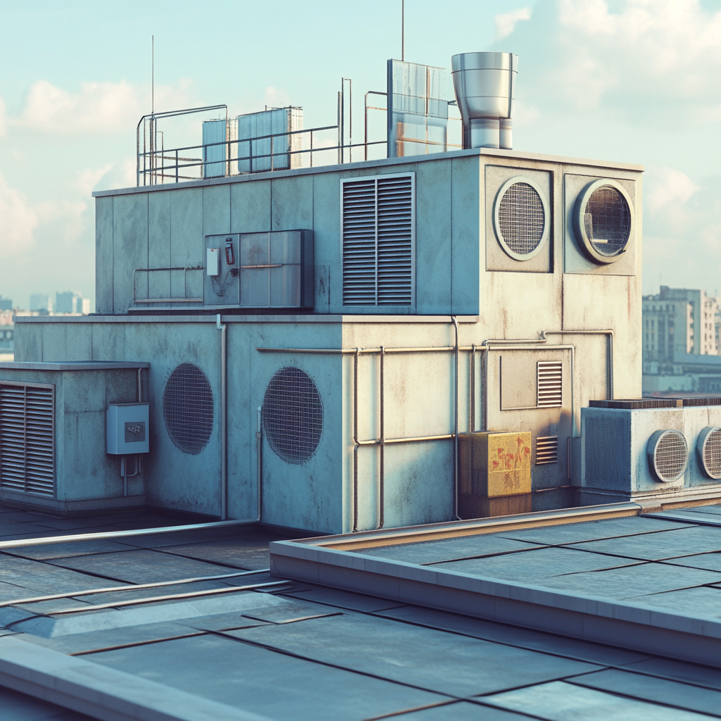 Roof of building with HVAC equipments, realistic style.