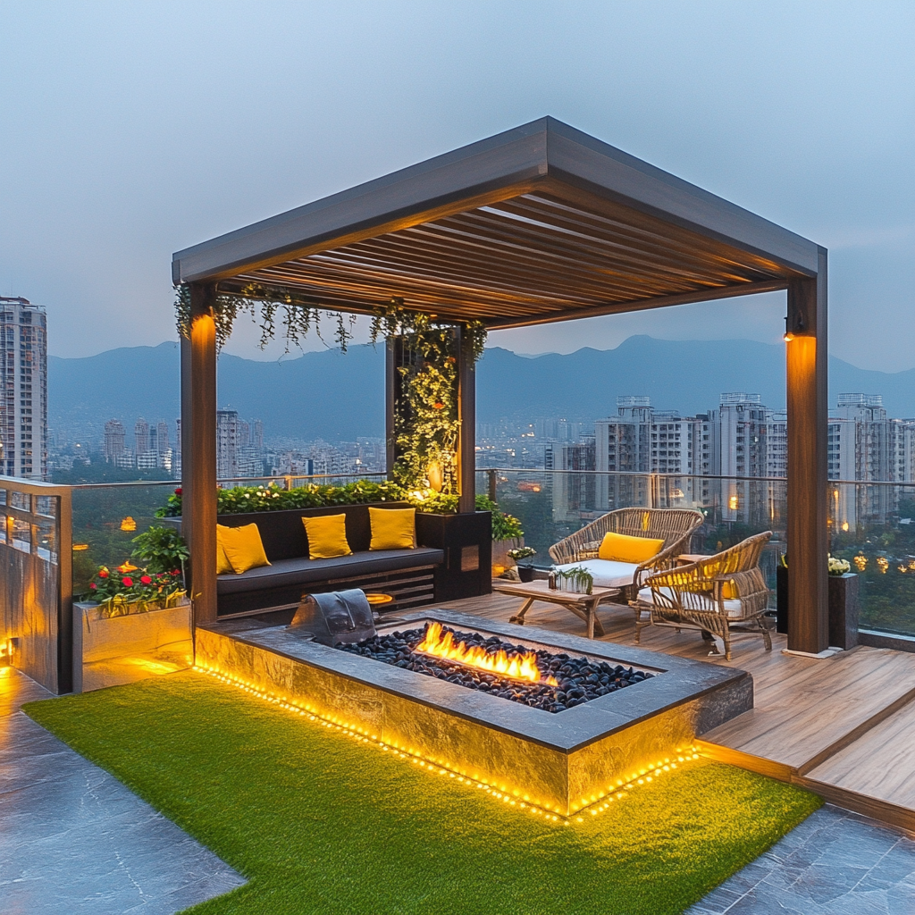 Rooftop Pergola Design with BBQ Area and Waterfall 