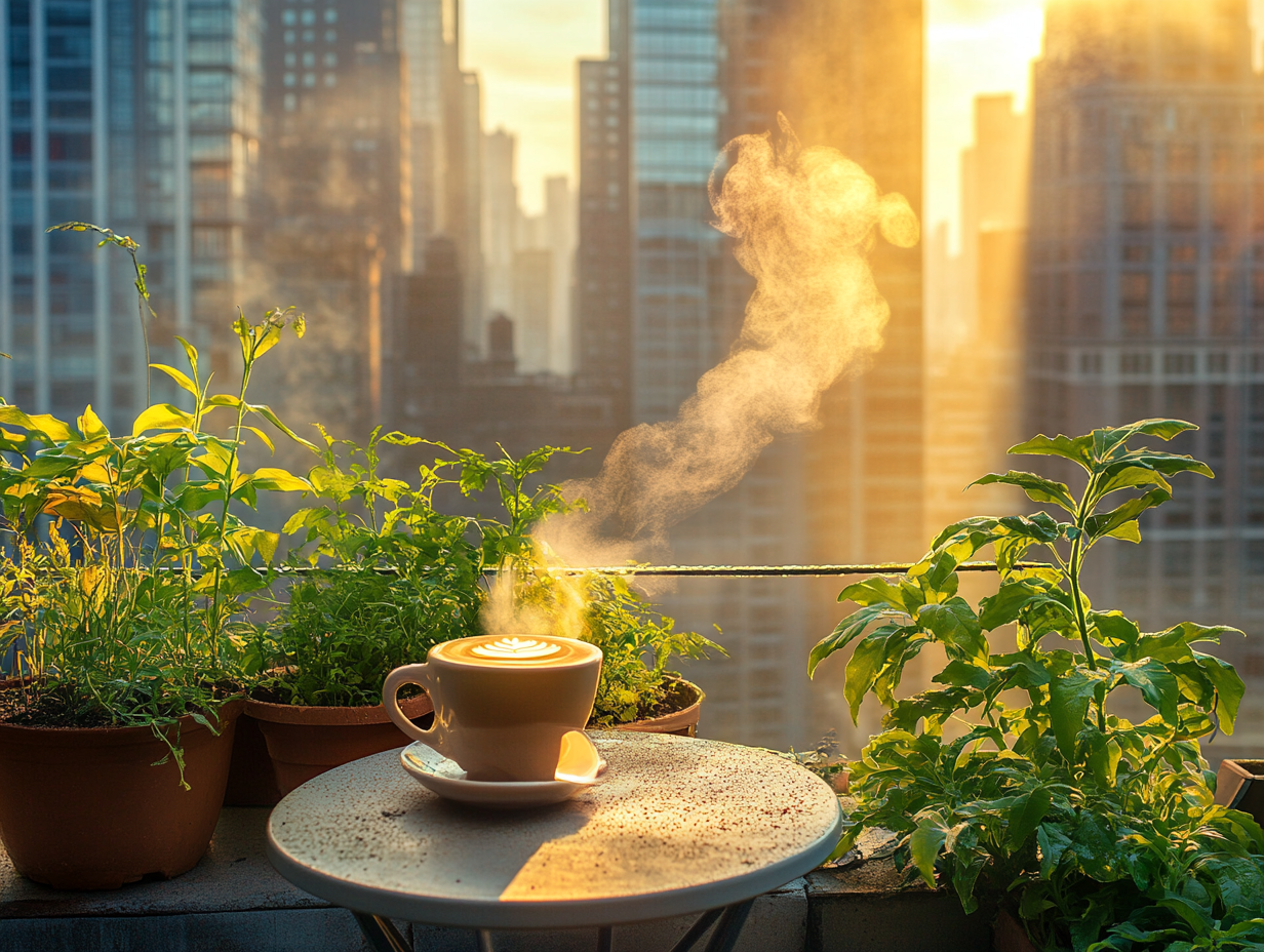 Rooftop garden with plants, coffee, morning mist, sunlight.