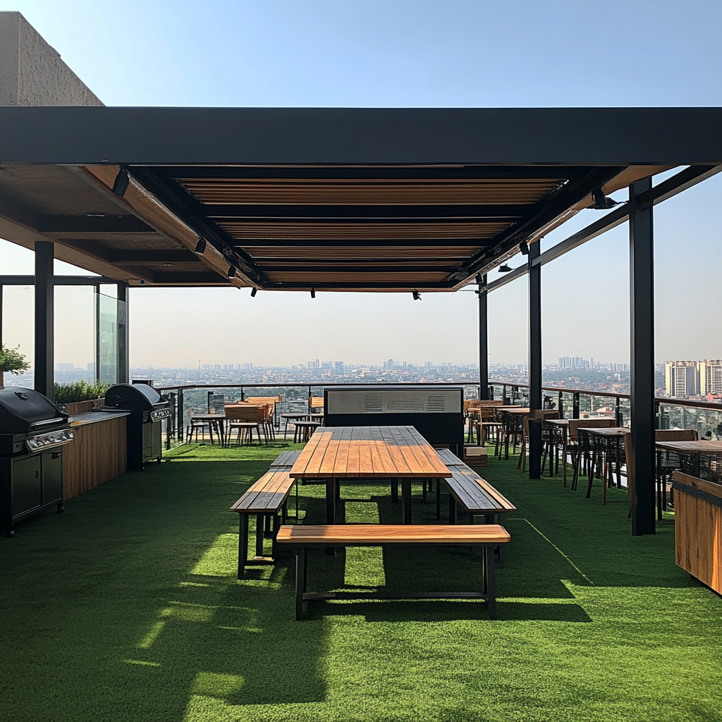 Rooftop grill with seating area for young adults.