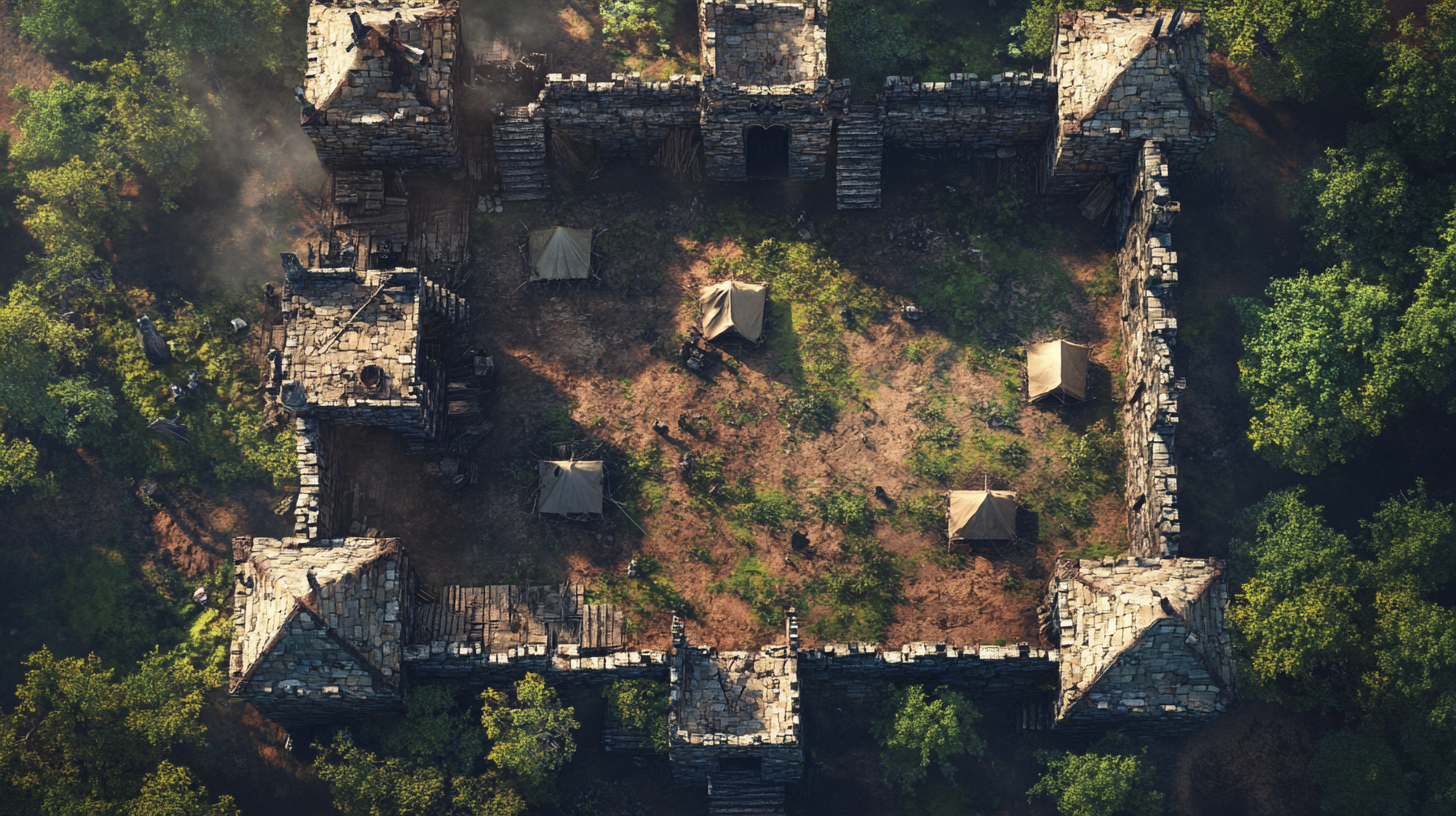 Rooftops of castle fort surrounded by forest and tents.