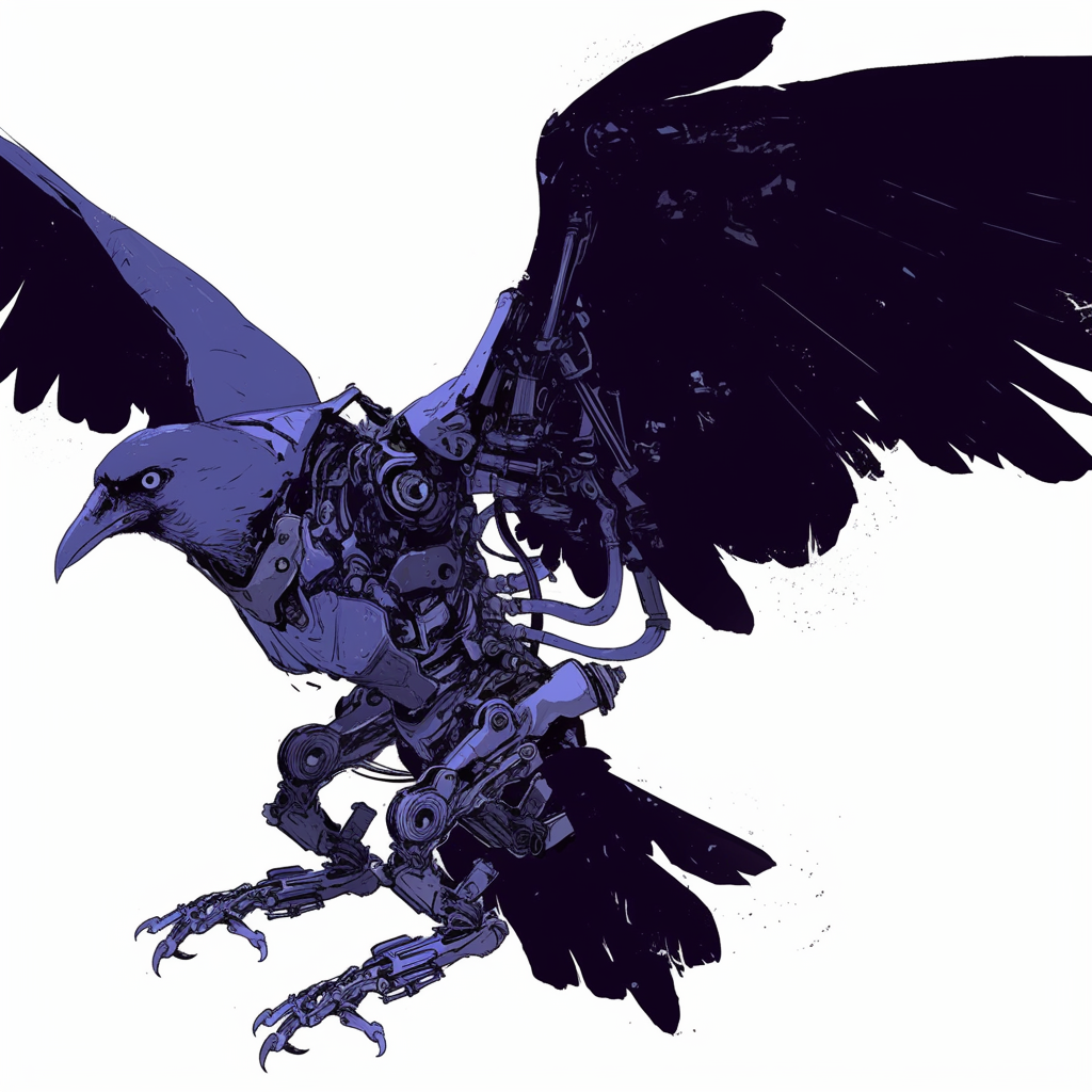 Rook with robot parts flying in bold comic style.