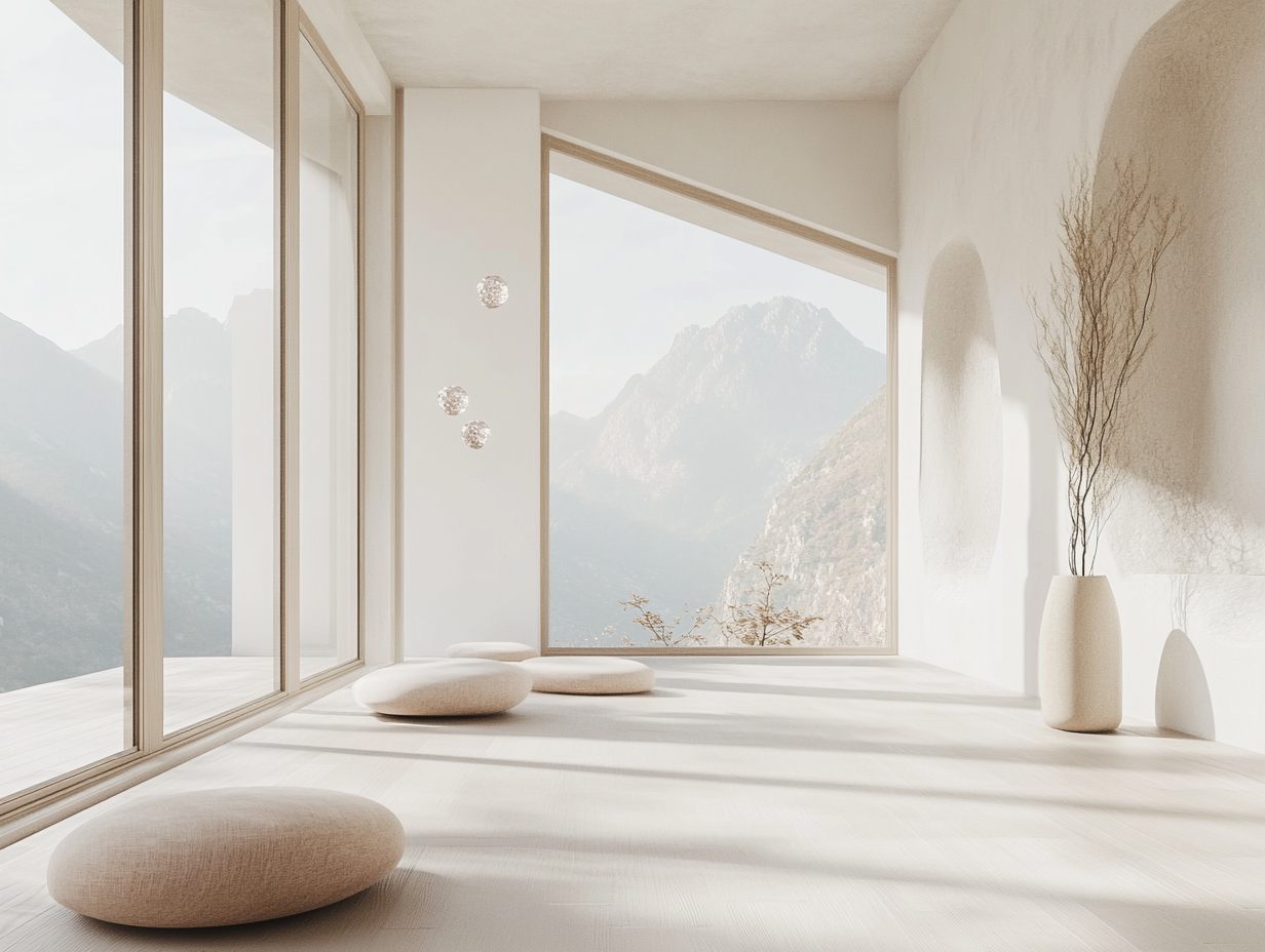 Room with mountains view, natural light, serene ambiance.