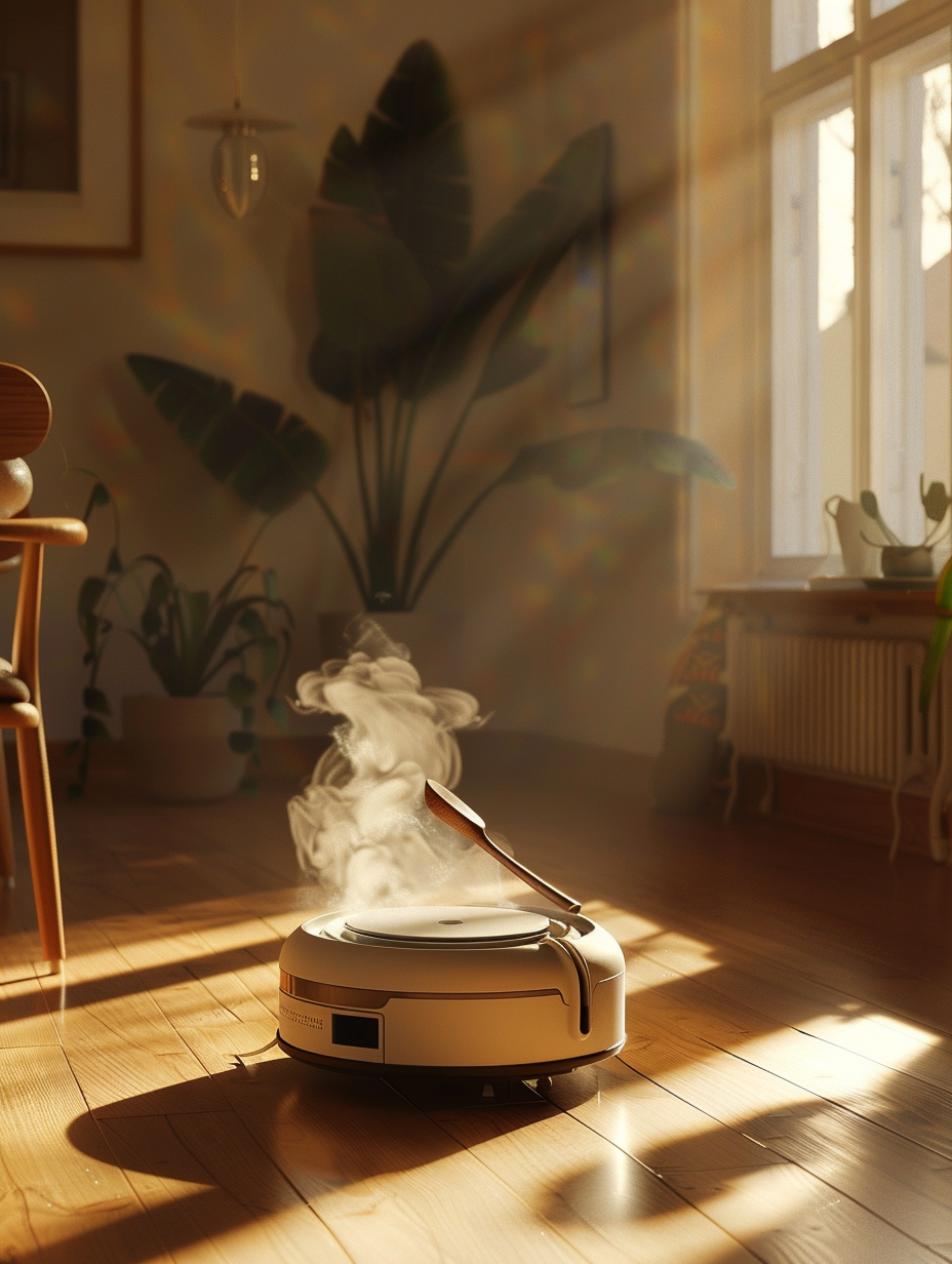 Roomba as soup pot, steaming in sunlit room.