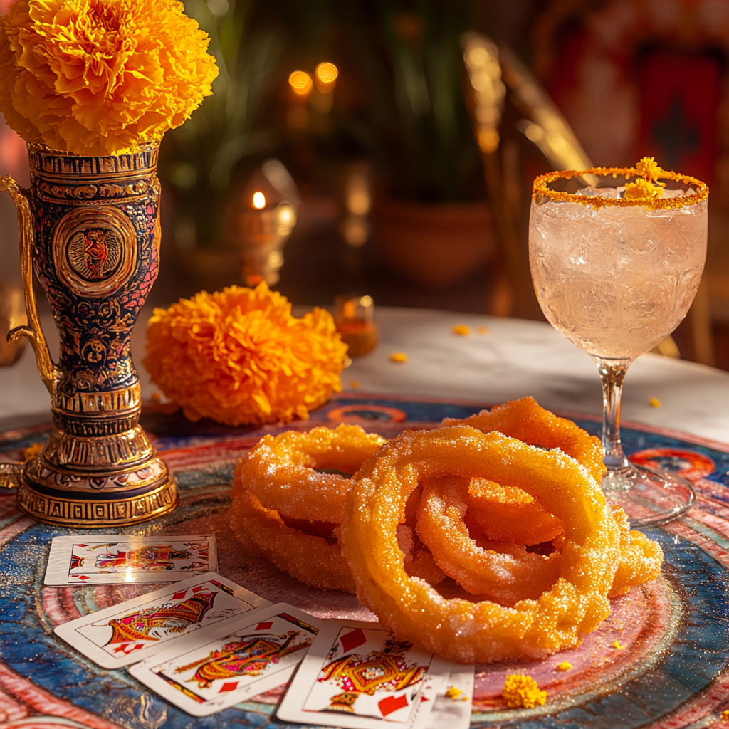 Rose petal churros, cards, marigold, diya, cocktail scene