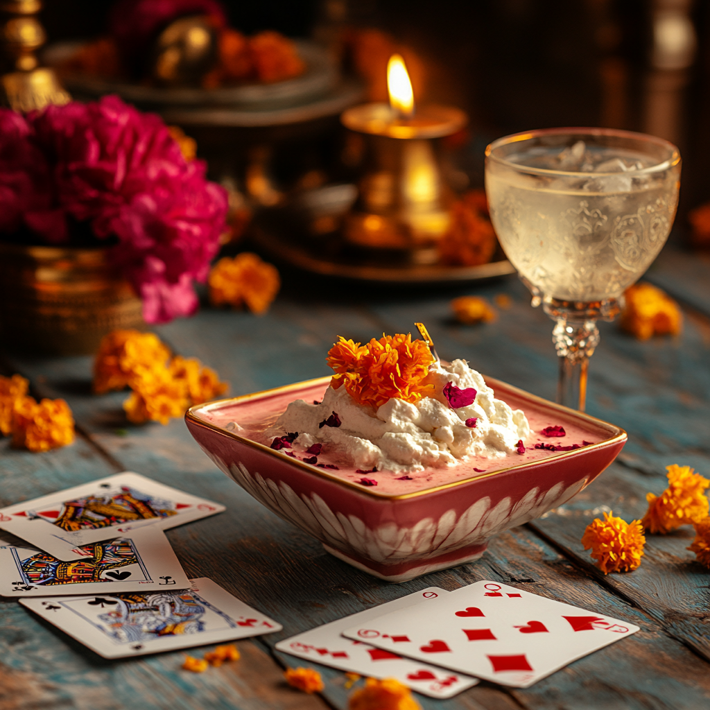 Rose petal shrikhand, cards, marigold, diyas, gin cocktail