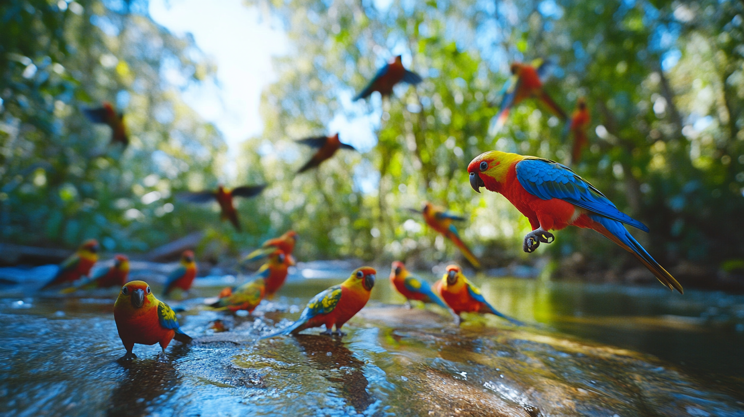 Rosella parakeets in flight and on ground by stream.