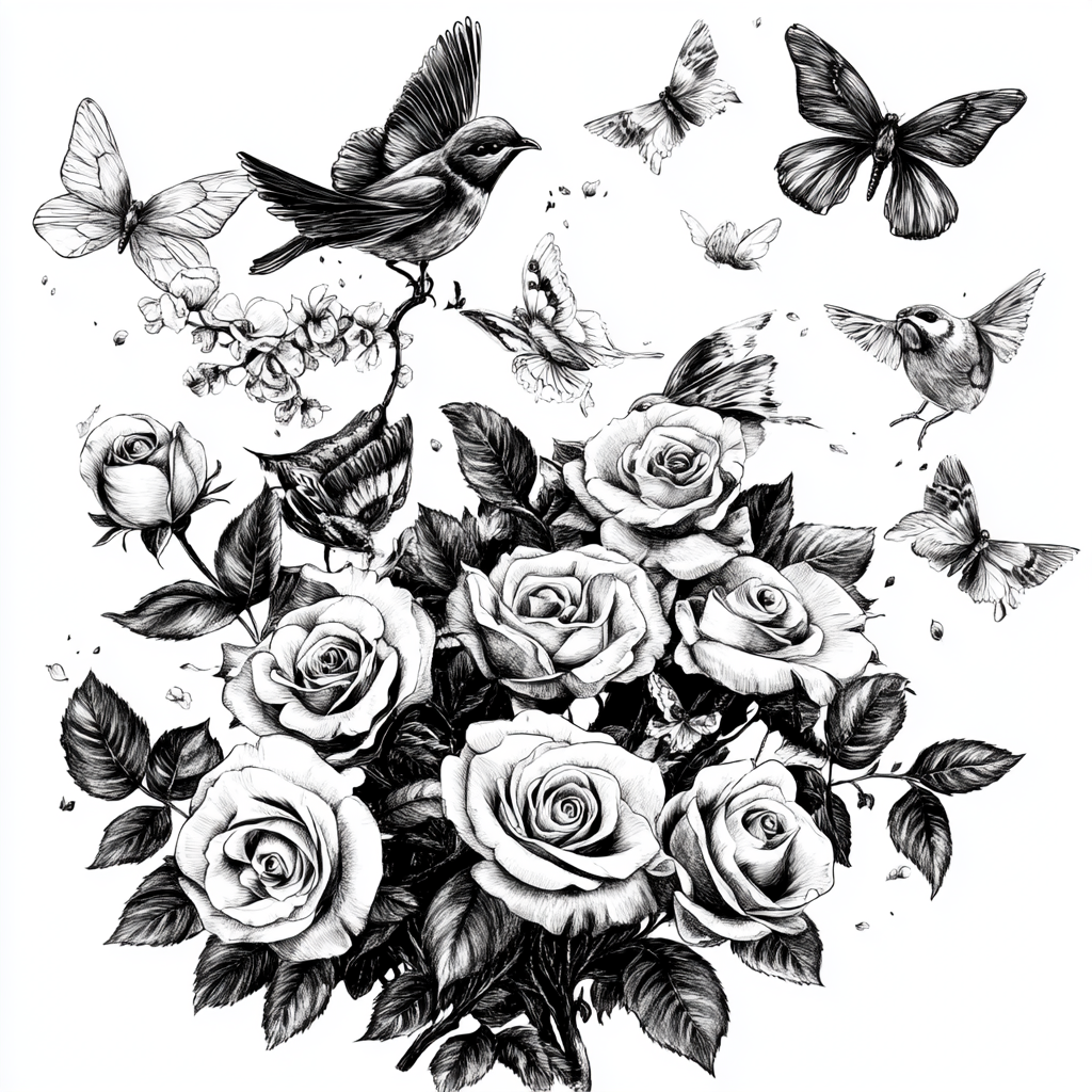 Roses, butterflies, birds in black and white vector image.