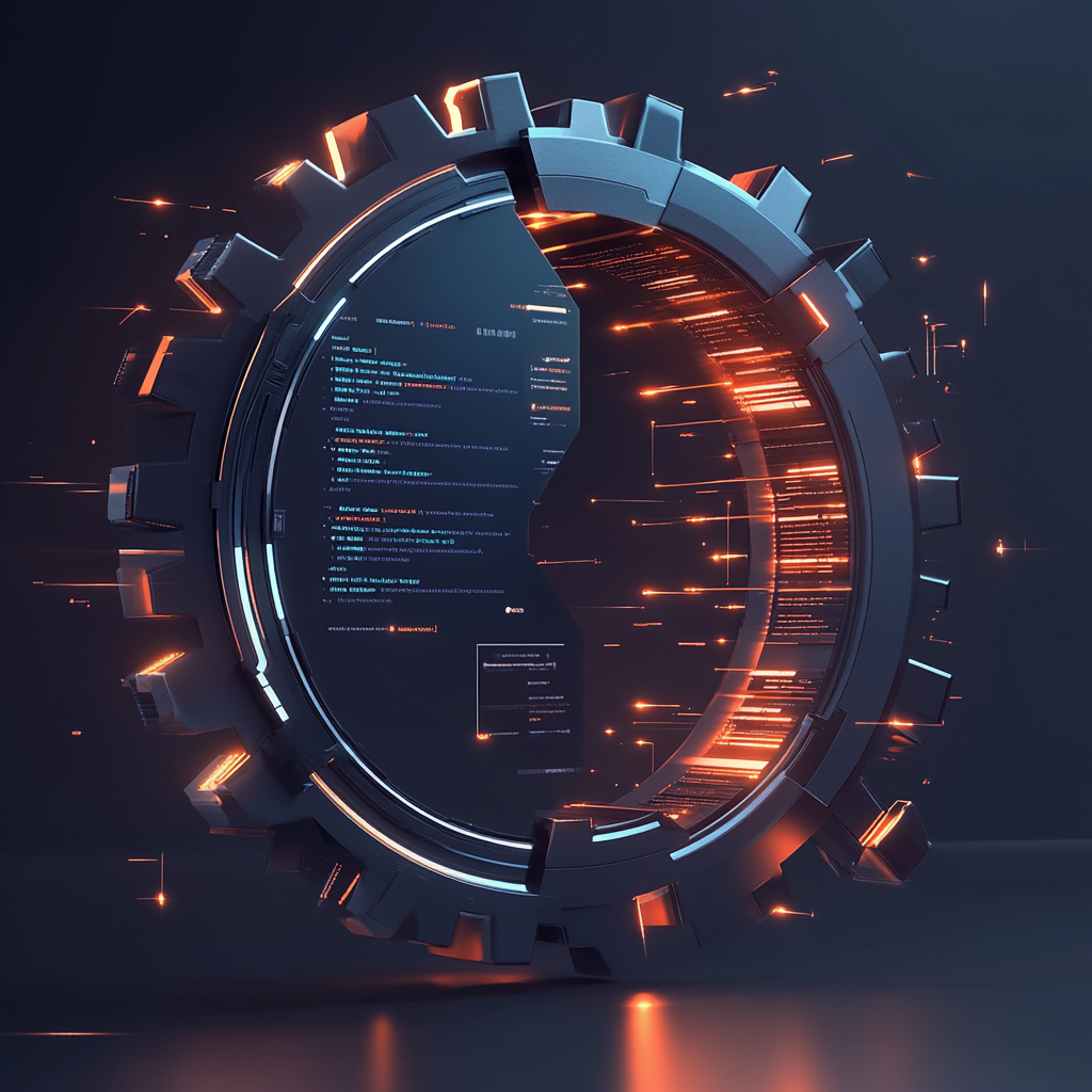 Rotating gear with design interface and code snippets representation.