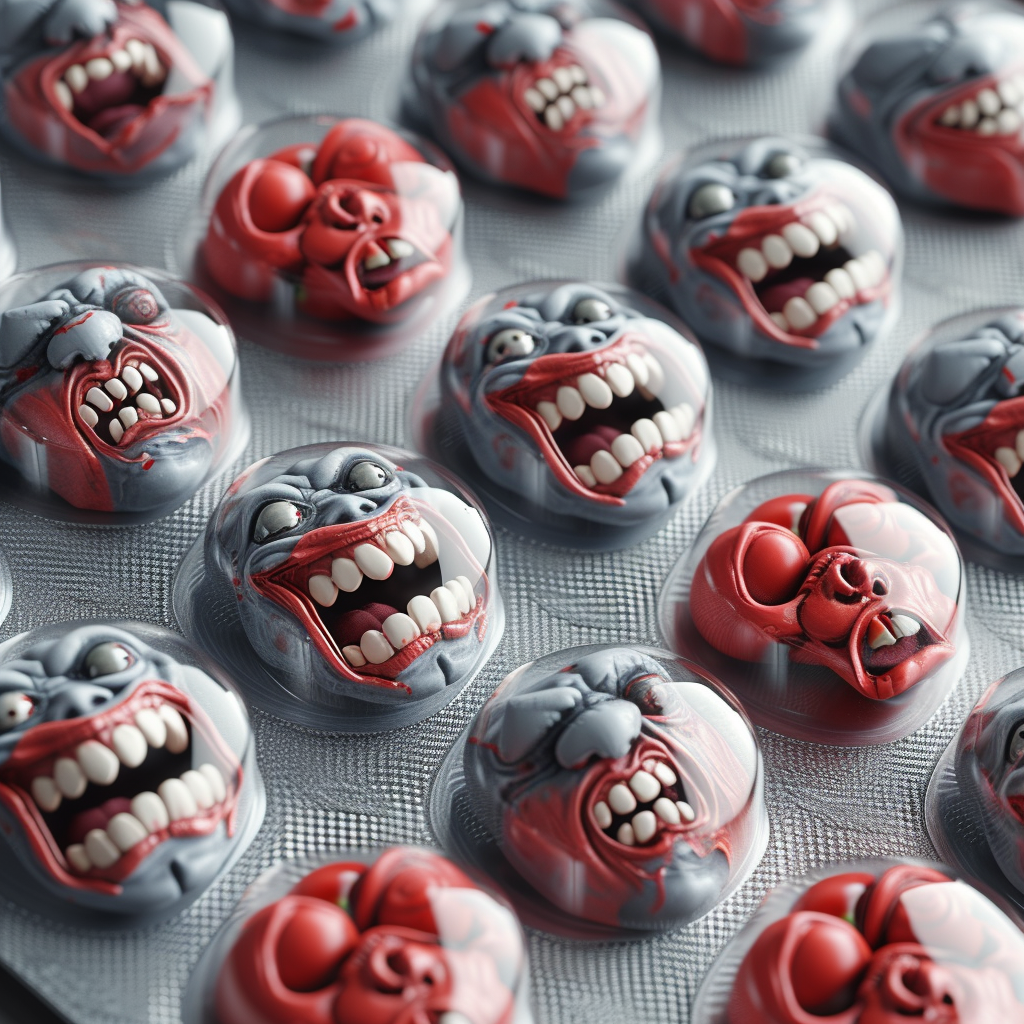 Zombie Pills with Rotten Brown Grey Red Appearance