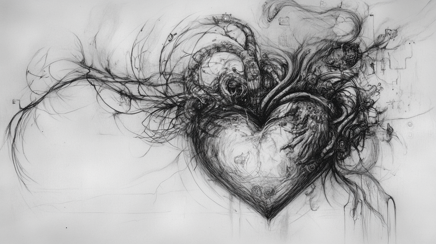 Rough sketch of figure with abstract heart opening.