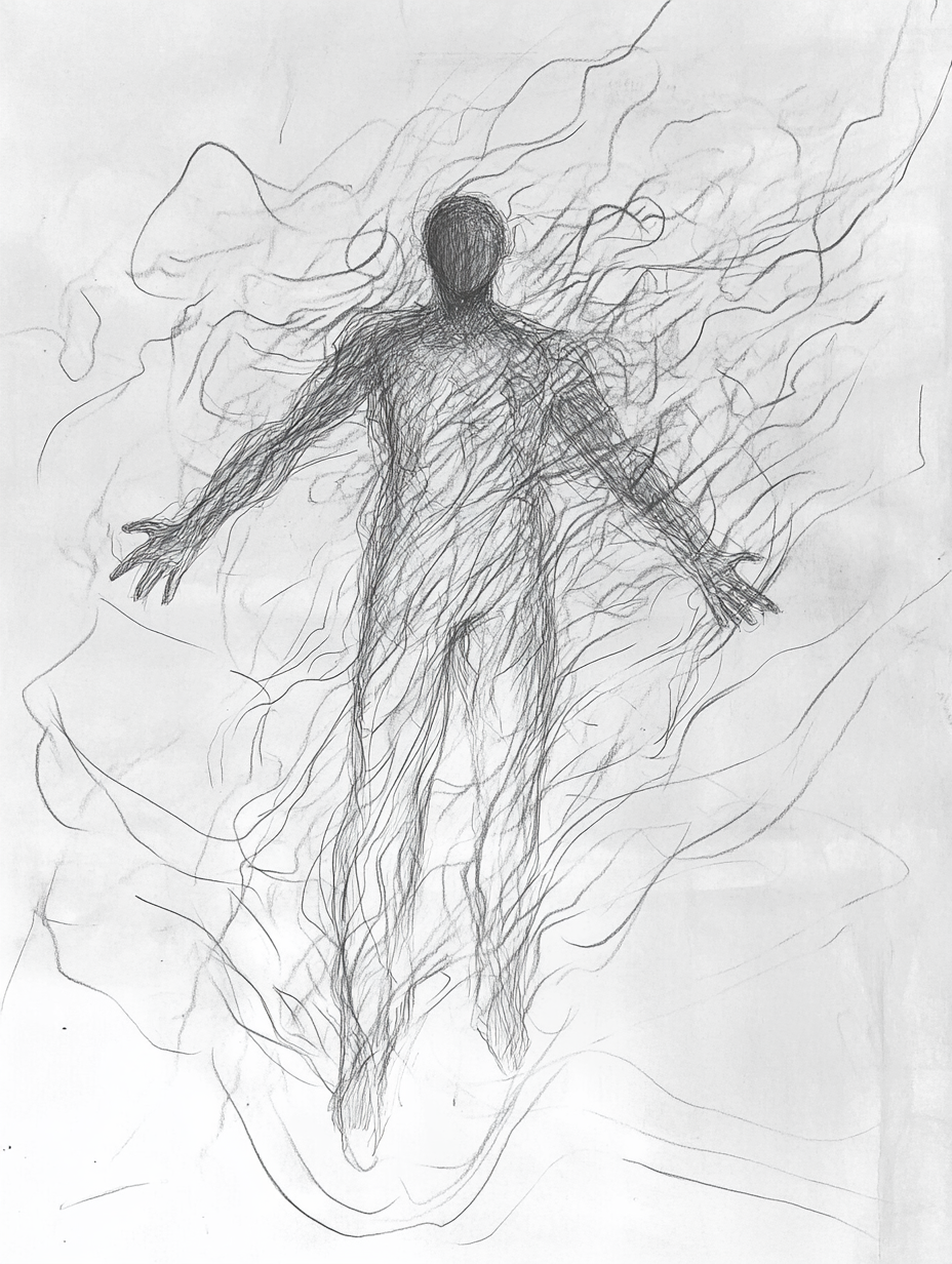 Rough sketch of figure with abstract waves of happiness.