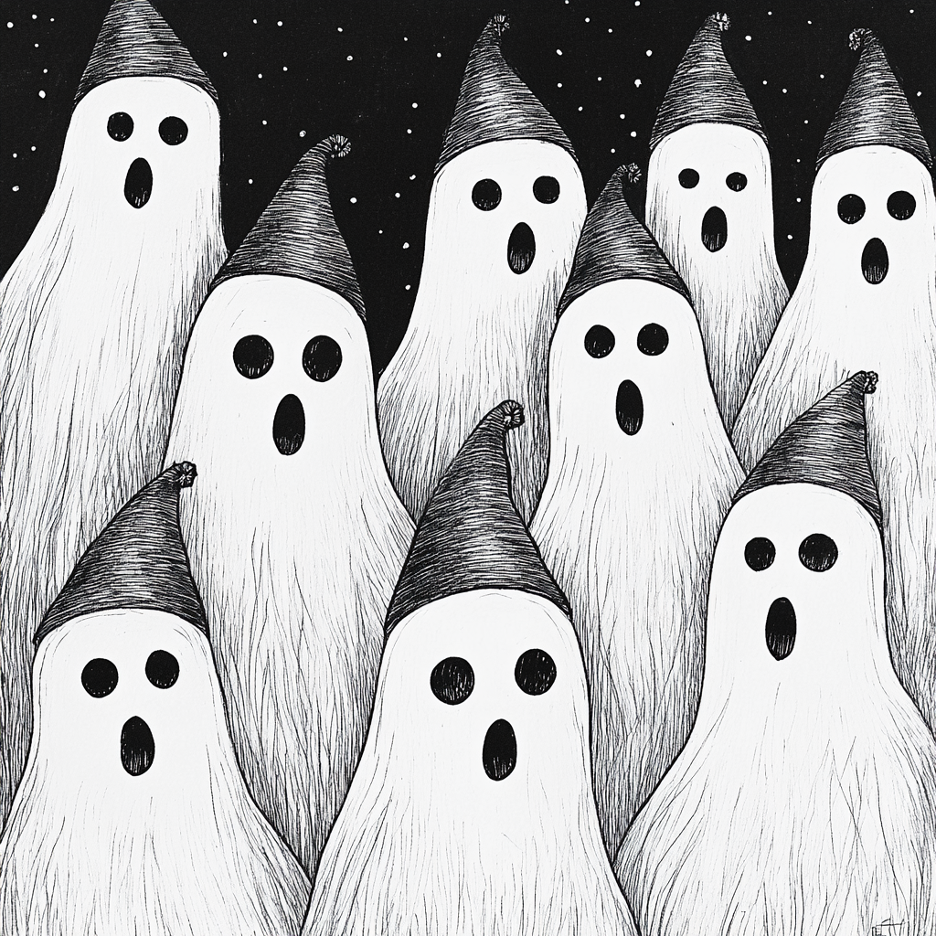 Round Ghosts Singing Carols in Christmas Attire